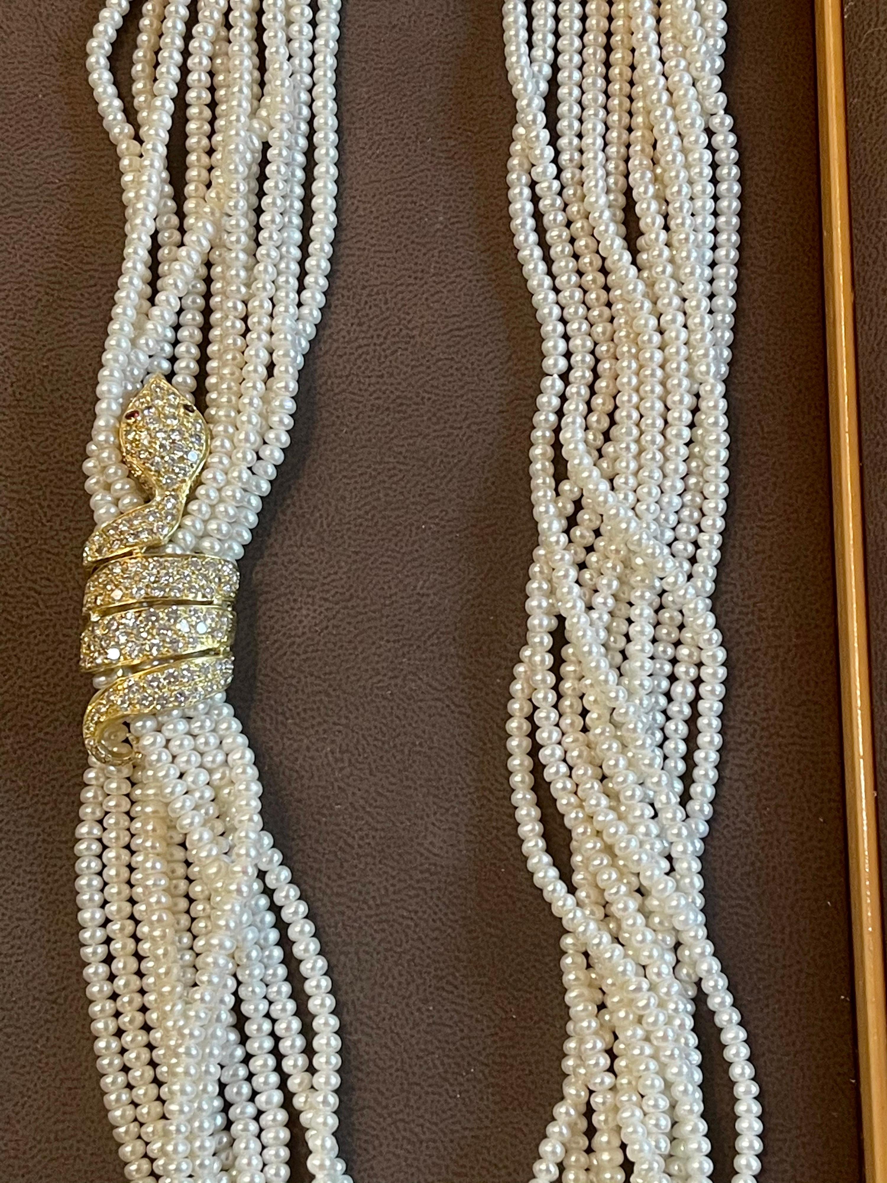 Japanese Akoya Pearl with Snake Diamond Slider and Clasp Opera Length Necklace For Sale 1