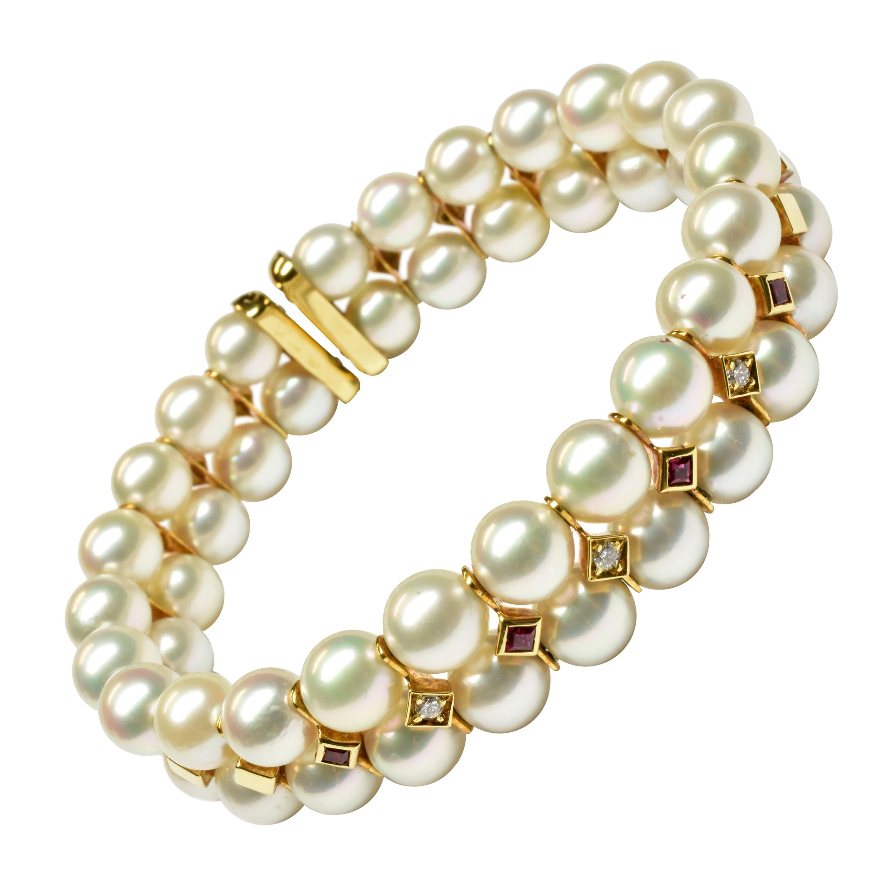 Japanese Akoya Pearls with Rubies and Diamonds Gold Bracelet For Sale