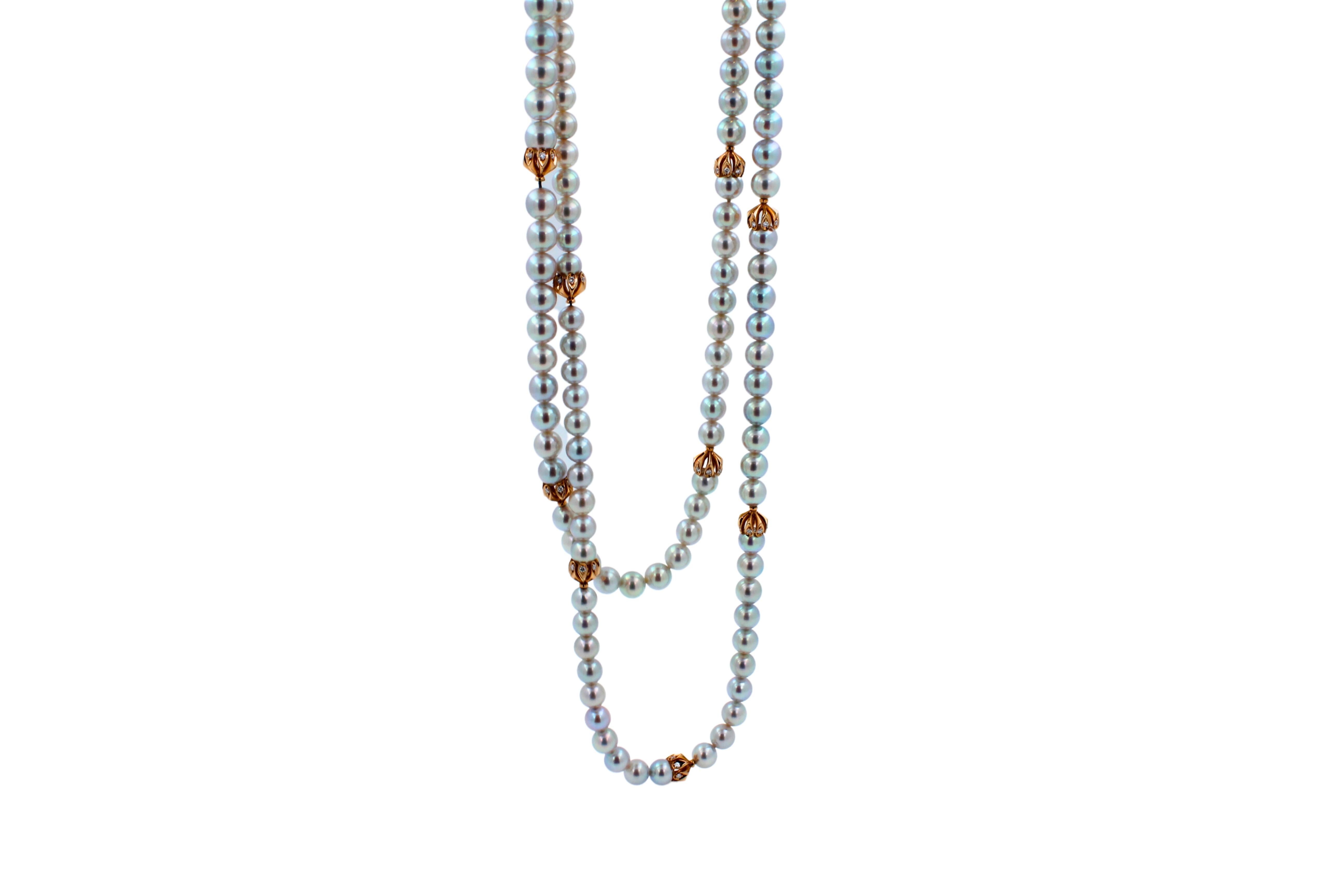 Akoya Pearl & Diamonds Unending Bubbles Long Necklace

Japanese Akoya White Glow Pearl Long 18 Karat Rose Gold Diamond Bead Necklace

Each pearl is hand- picked and matched to ensure perfect harmony in color and size to create lively jewellery. Fun