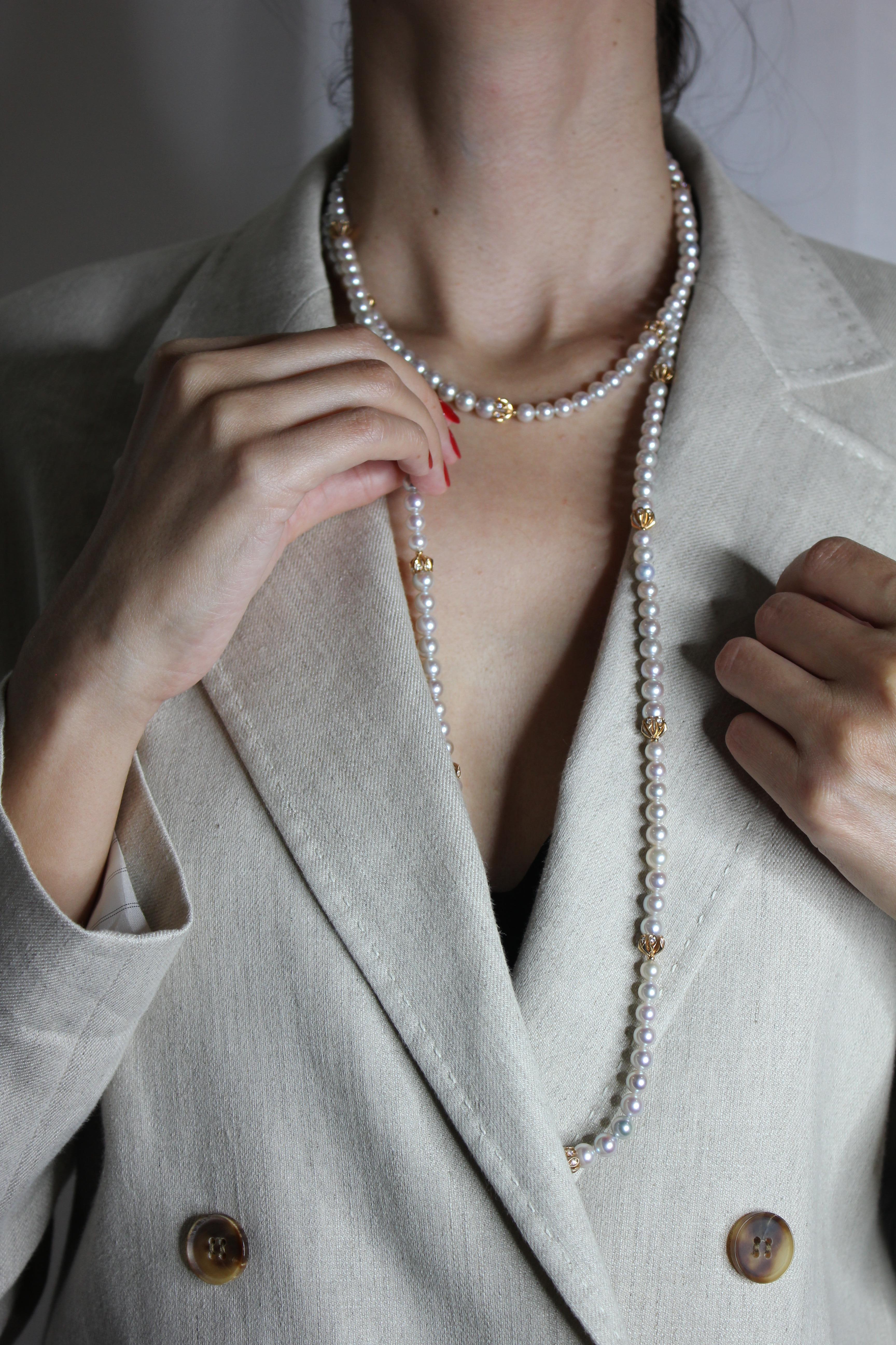 Japanese Akoya White Baby Pearl 18 Karat Rose Gold Diamond Long Bead Necklace For Sale 3