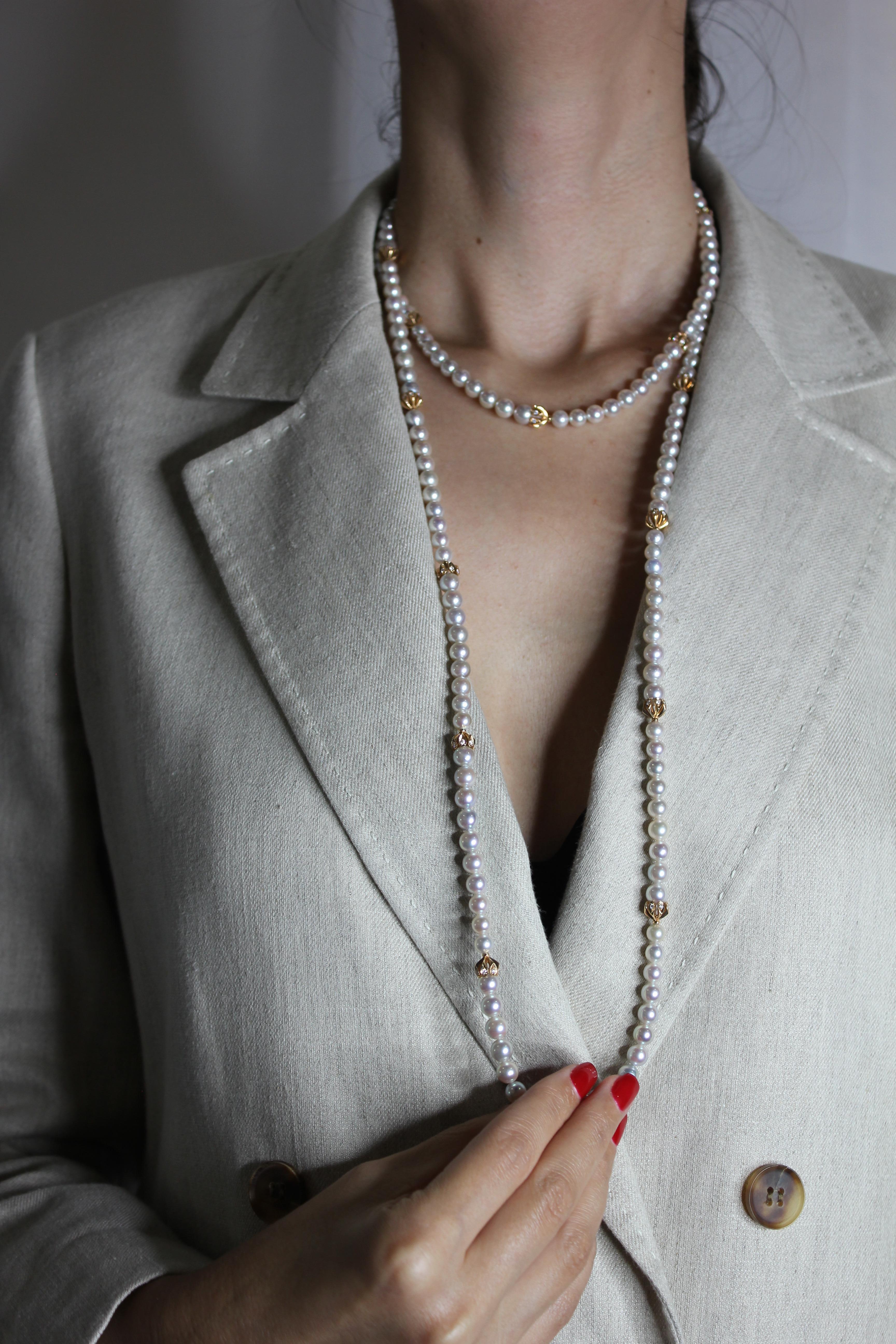 Japanese Akoya White Baby Pearl 18 Karat Rose Gold Diamond Long Bead Necklace For Sale 1