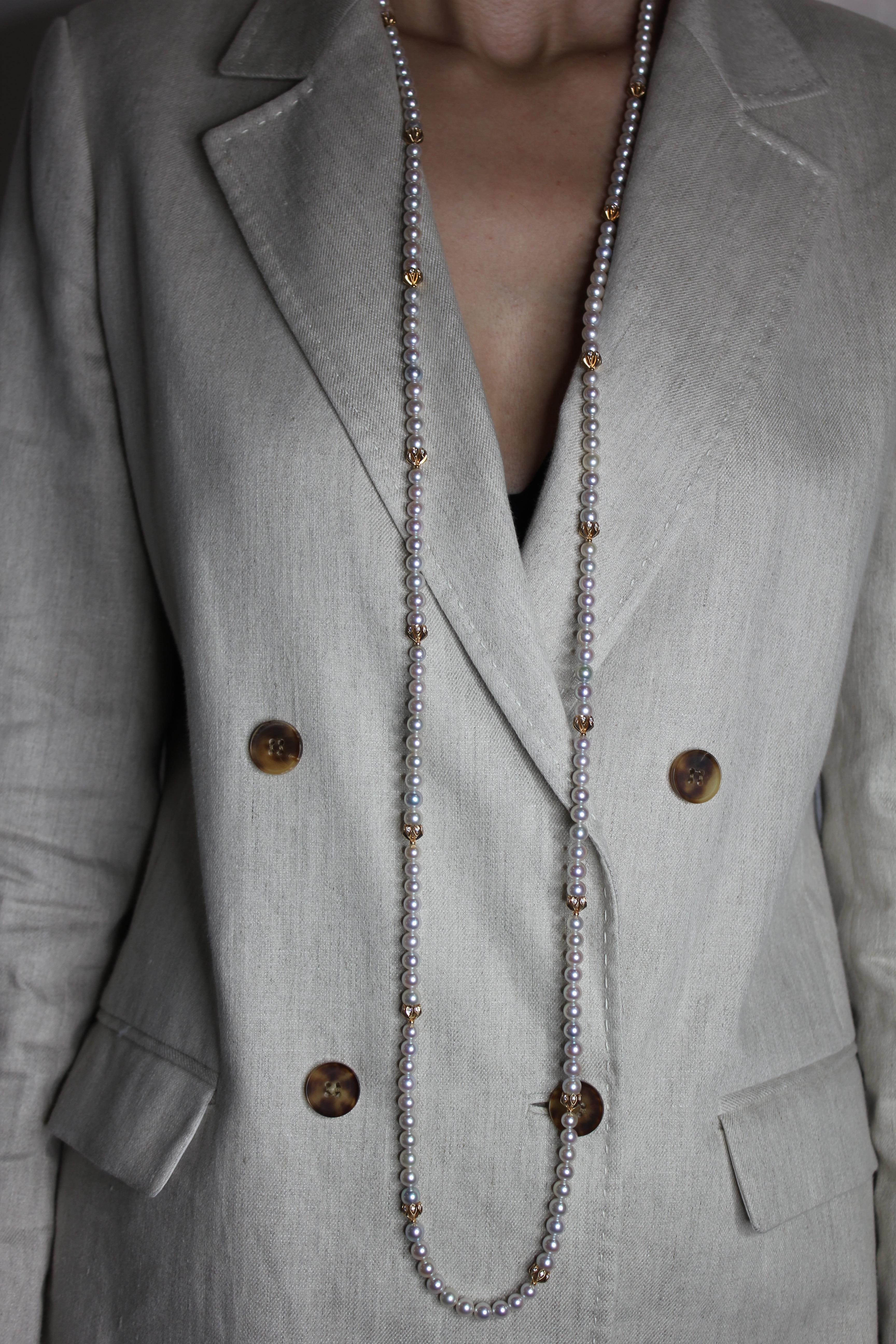 Modern Japanese Akoya White Baby Pearl 18 Karat Rose Gold Diamond Long Bead Necklace For Sale