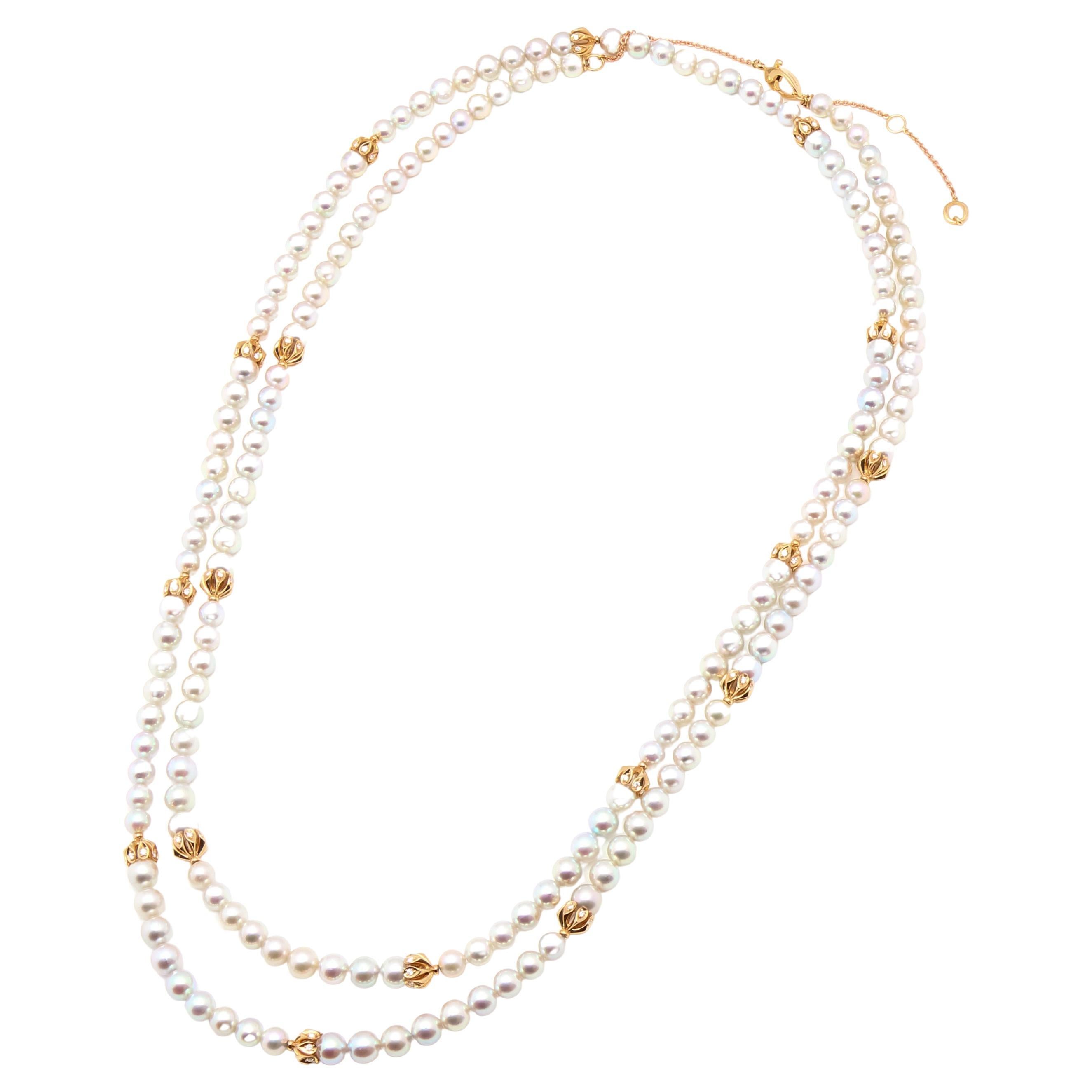 Japanese Akoya White Baby Pearl 18 Karat Rose Gold Diamond Long Bead Necklace For Sale