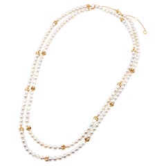 Japanese Akoya White Baby Pearl 18 Karat Rose Gold Diamond Long Bead Necklace