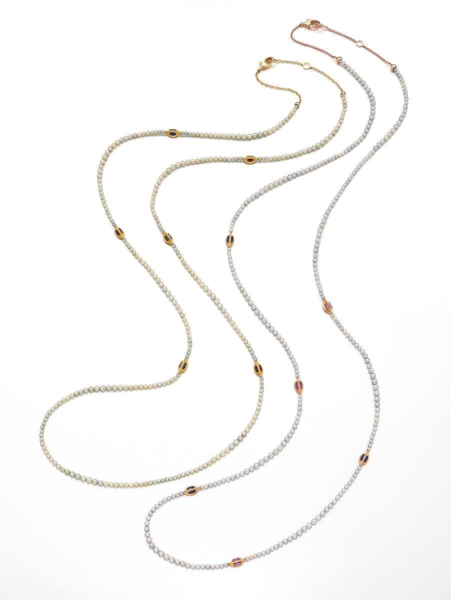 Modern Japanese Akoya White Pearl Long 18 Karat Yellow Gold Pink Sapphire Bead Necklace For Sale