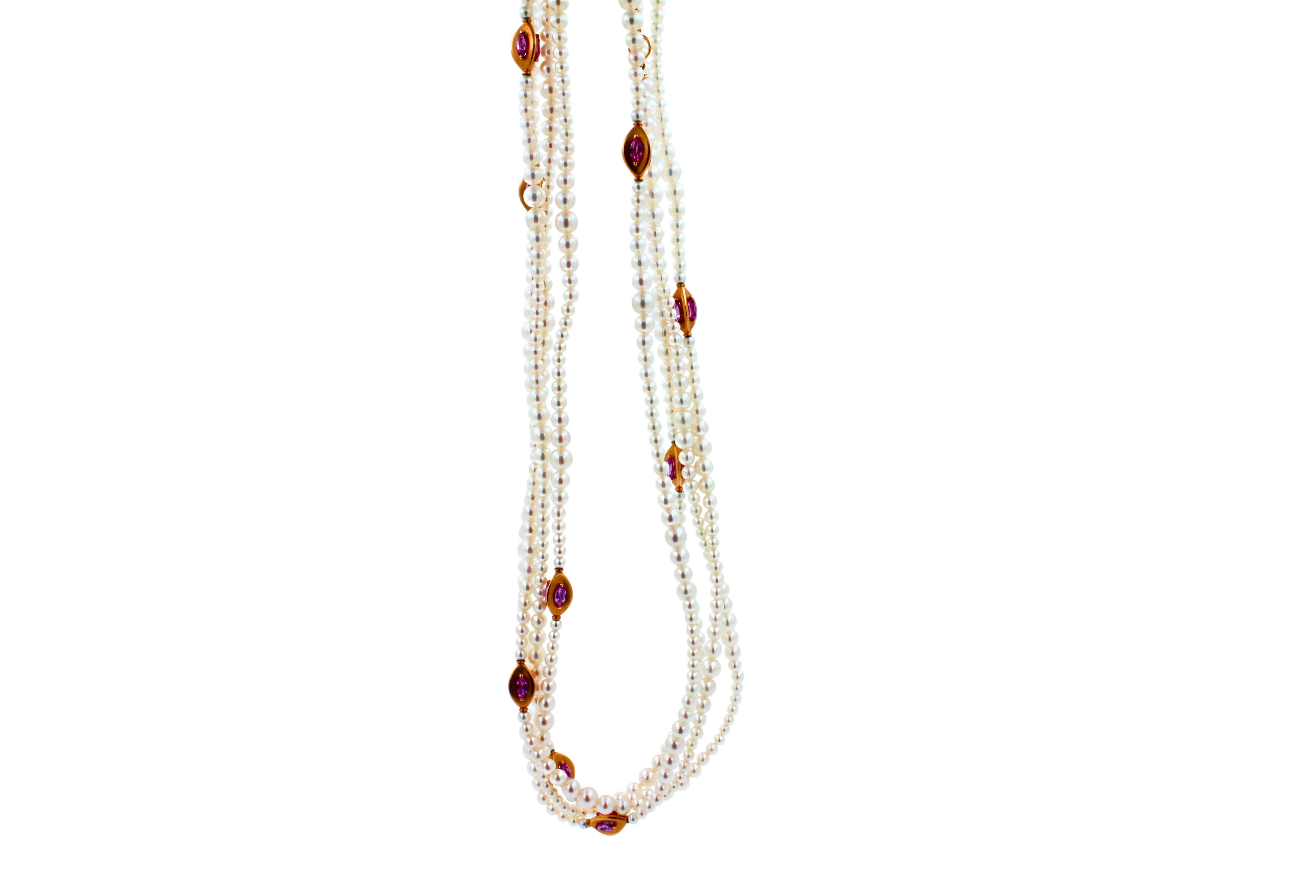 Japanese Akoya White Pearl Long 18 Karat Yellow Gold Pink Sapphire Bead Necklace In New Condition For Sale In Oakton, VA