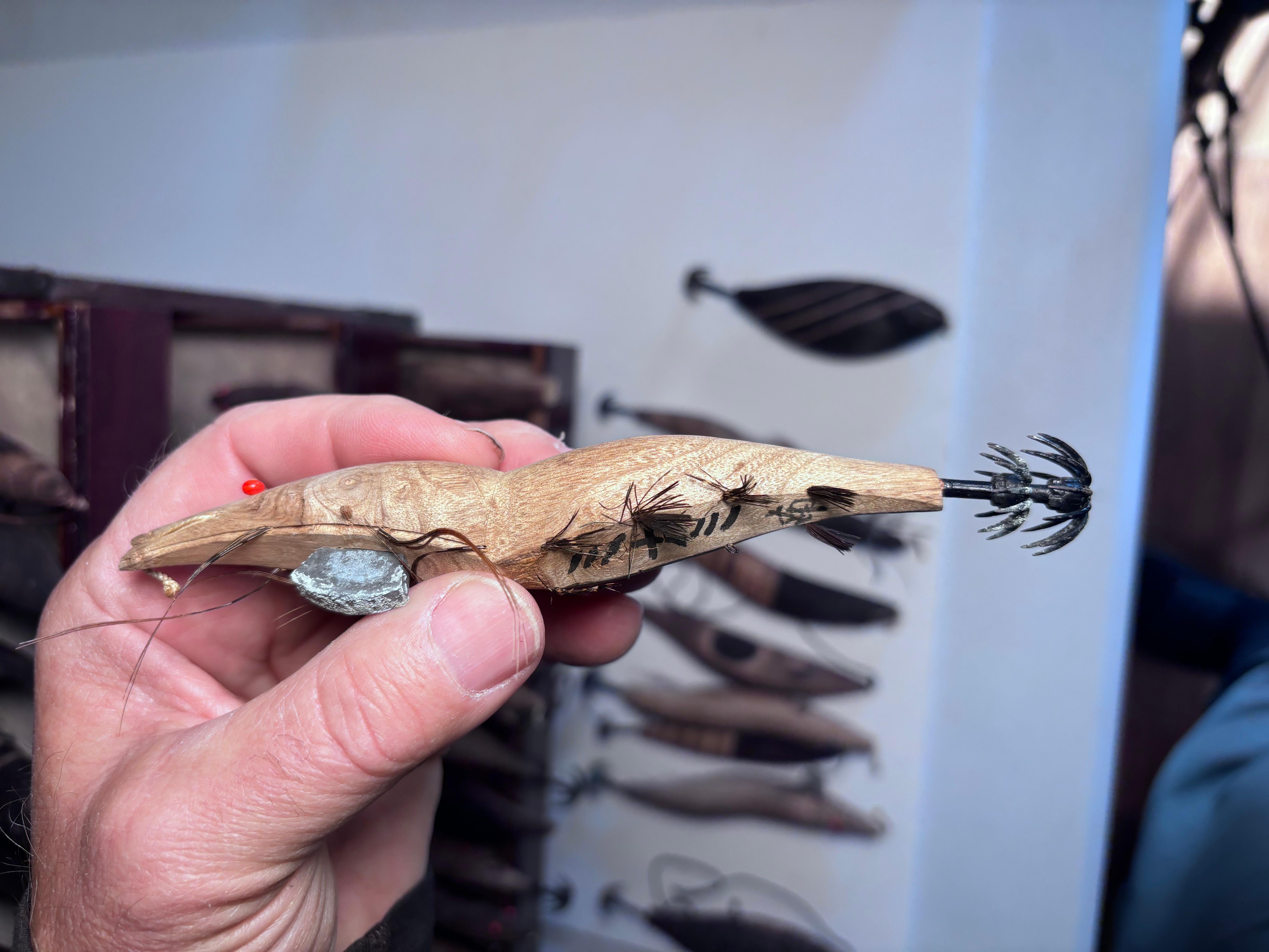 Japanese Antique Collection 50 Hand Carved Fishing Lures Angler's Delight Signed For Sale 6
