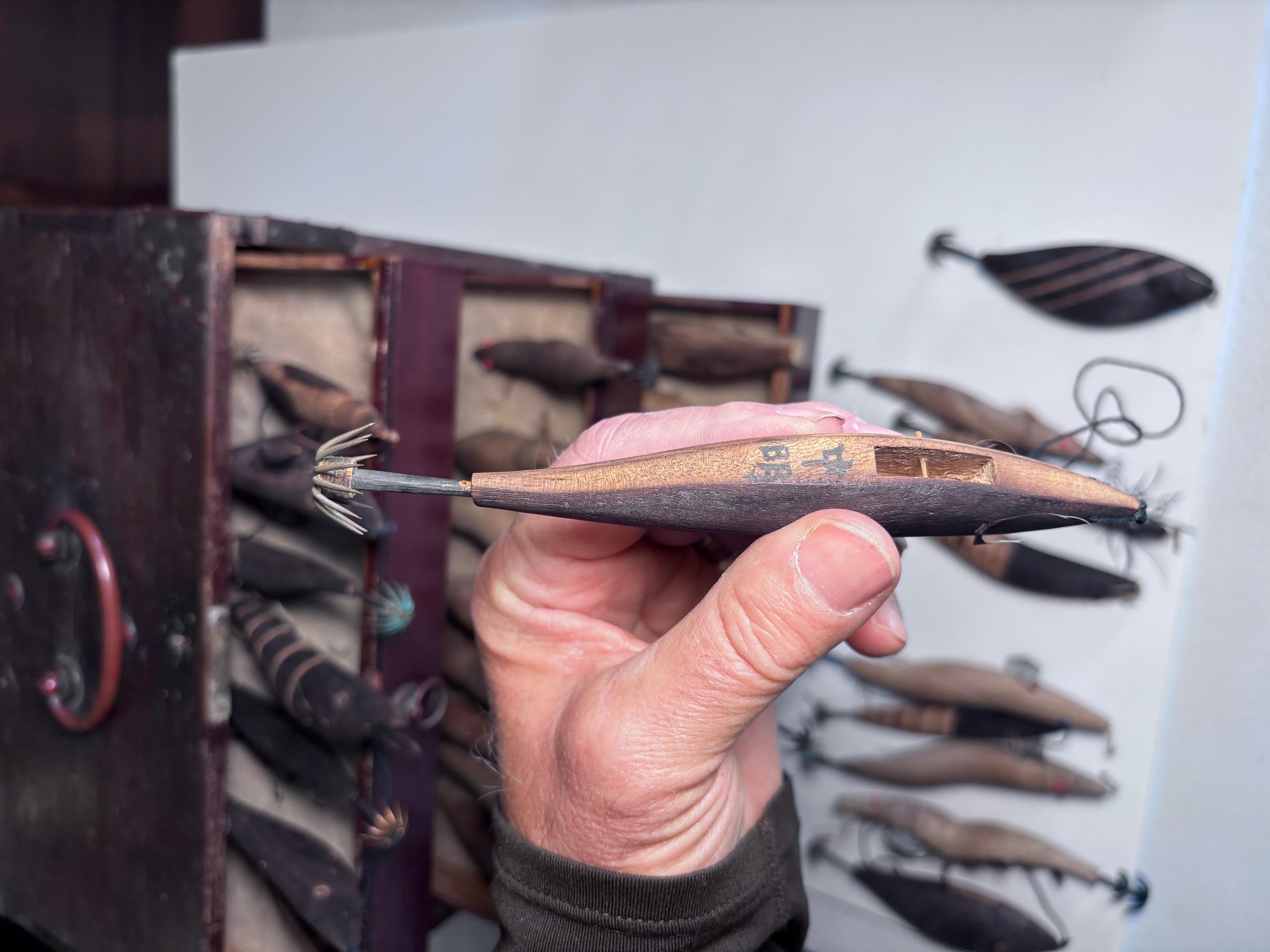 Japanese Antique Collection 50 Hand Carved Fishing Lures Angler's Delight Signed For Sale 7