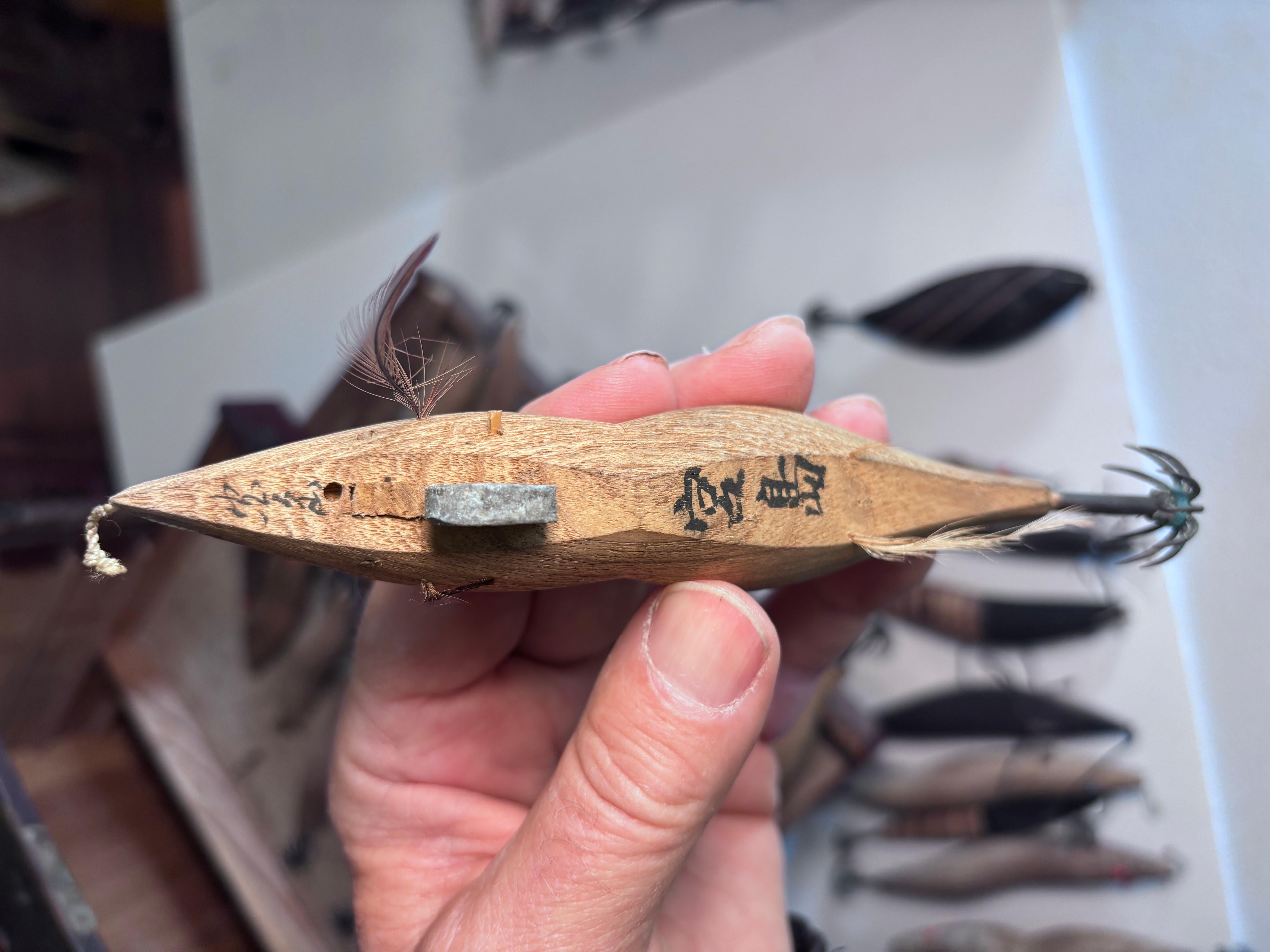 Japanese Antique Collection 50 Hand Carved Fishing Lures Angler's Delight Signed For Sale 9