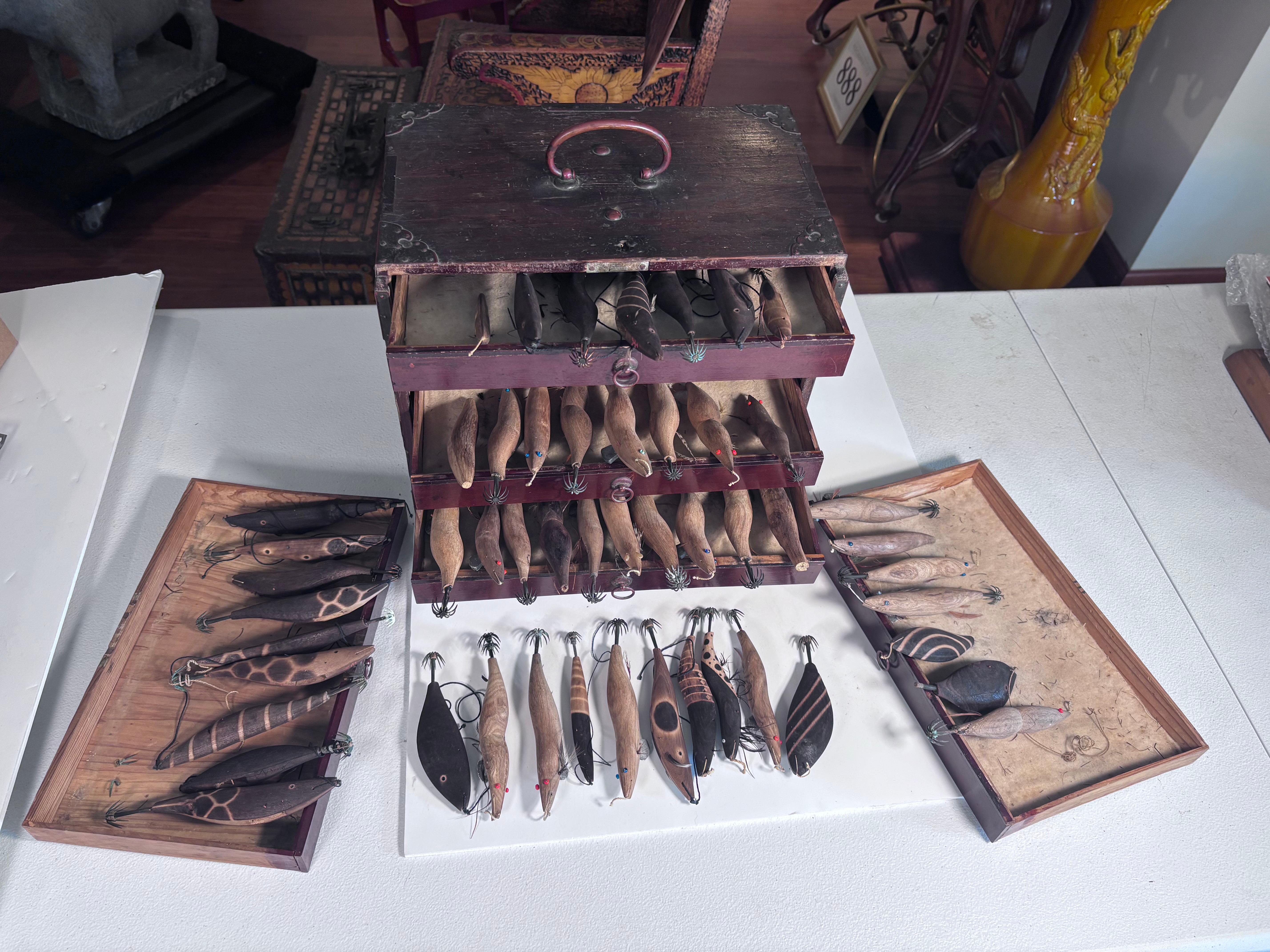 Anglers Collection Fifty (50) Antique Hand Carved And Signed Wood Fishing Lures- Rare Find

A museum collection complete with original antique wooden collector lacquered cabinet , kodansu

An unusual one-of-a-kind find collection consisting of fifty