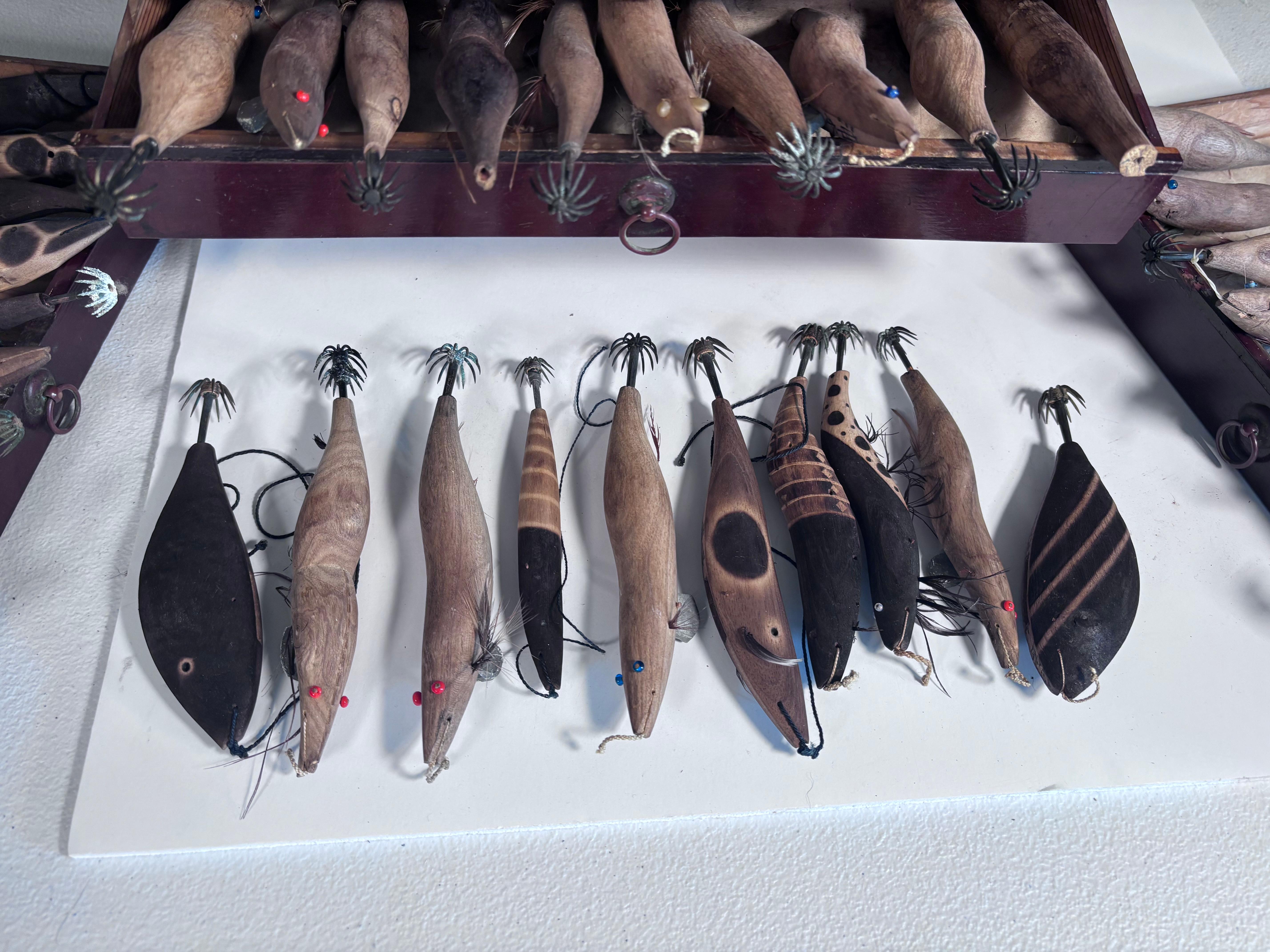Taisho Japanese Antique Collection 50 Hand Carved Fishing Lures Angler's Delight Signed For Sale