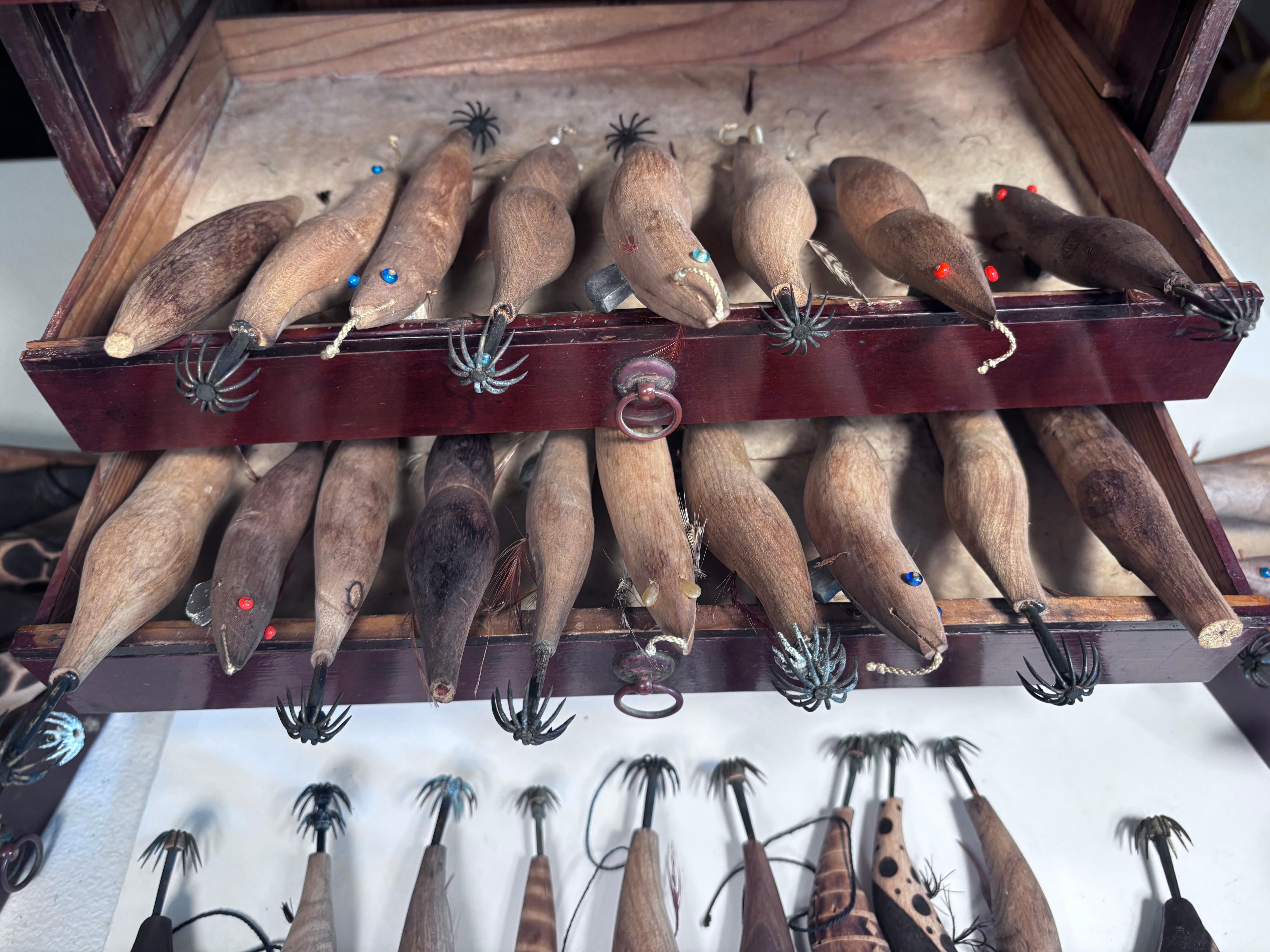 Japanese Antique Collection 50 Hand Carved Fishing Lures Angler's Delight Signed In Good Condition For Sale In South Burlington, VT