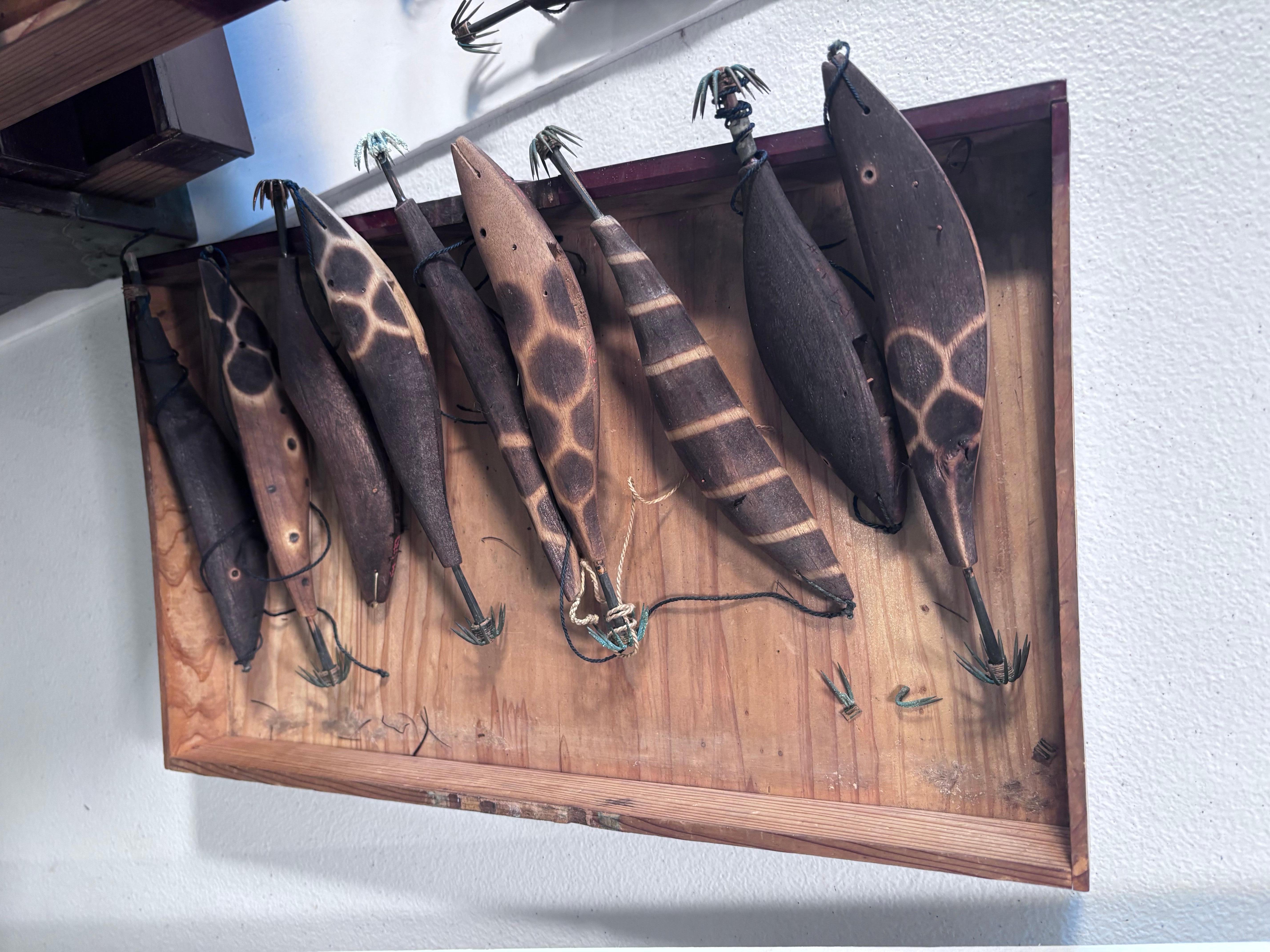 20th Century Japanese Antique Collection 50 Hand Carved Fishing Lures Angler's Delight Signed For Sale