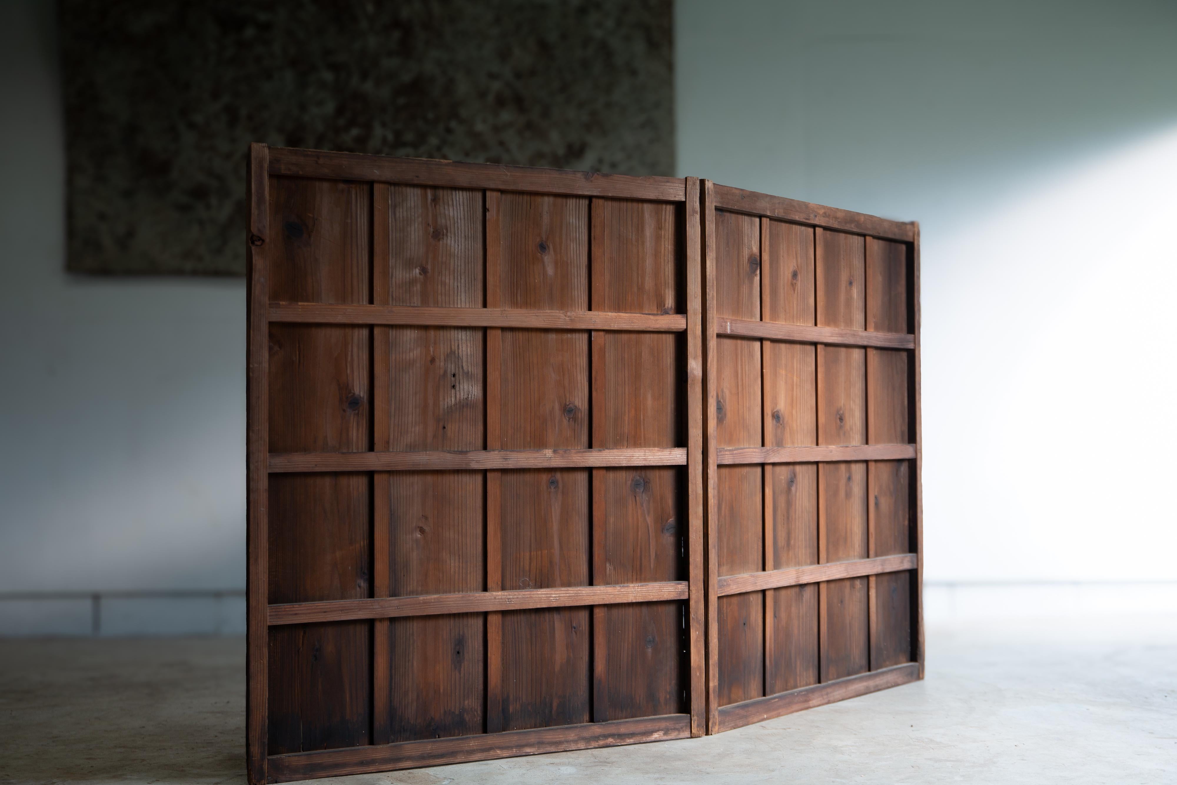Early 20th Century Japanese antique 2 wood panel folding room divider, Byobu, folding screen