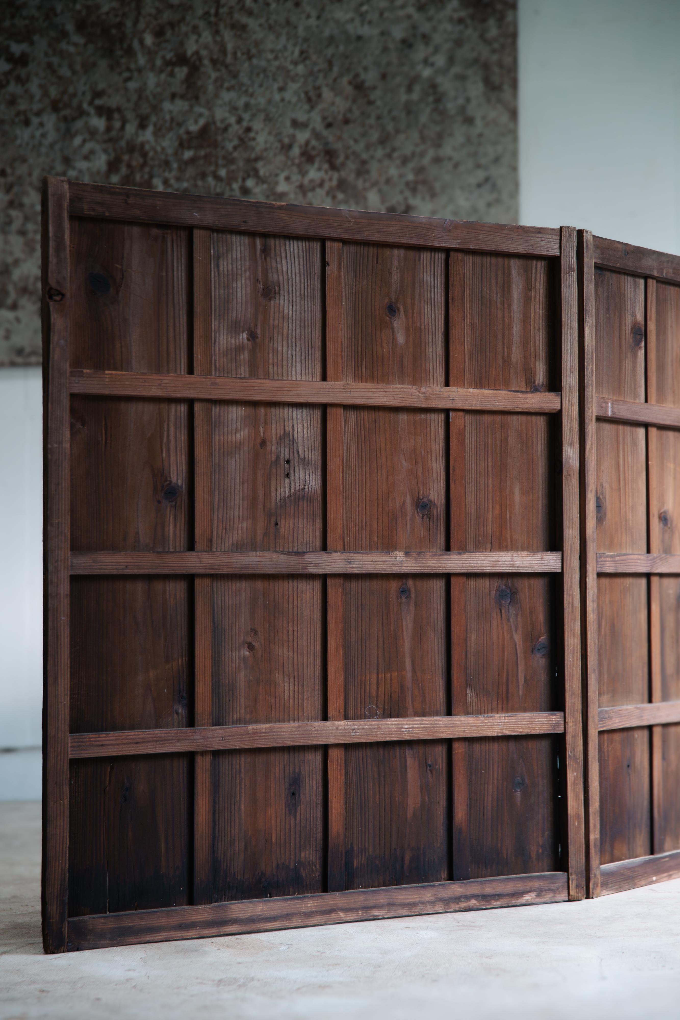 Wood Japanese antique 2 wood panel folding room divider, Byobu, folding screen