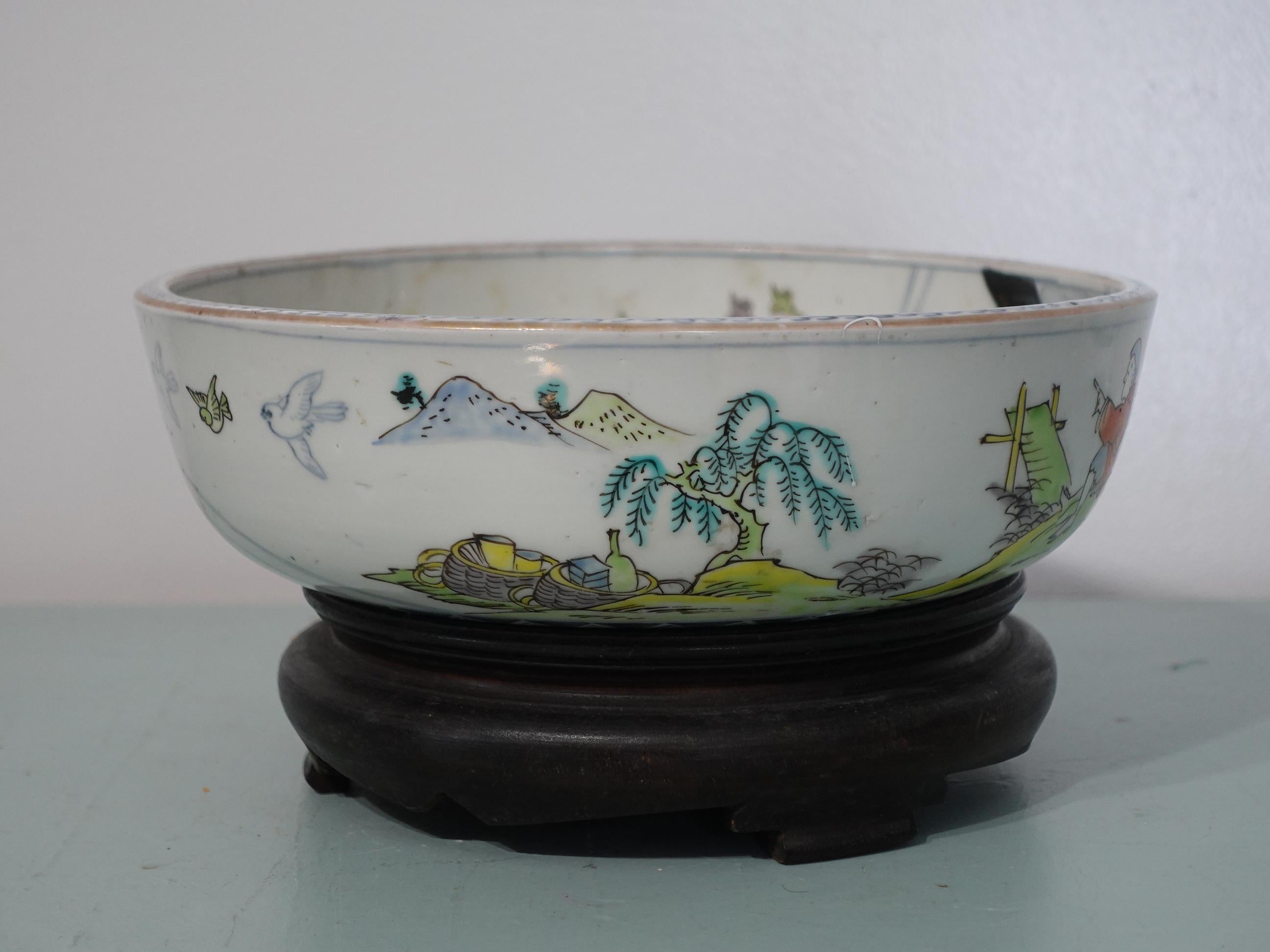 Hand-Painted Japanese Antique a Large 19th Century Imari Bowl with Hard Wood Stand For Sale