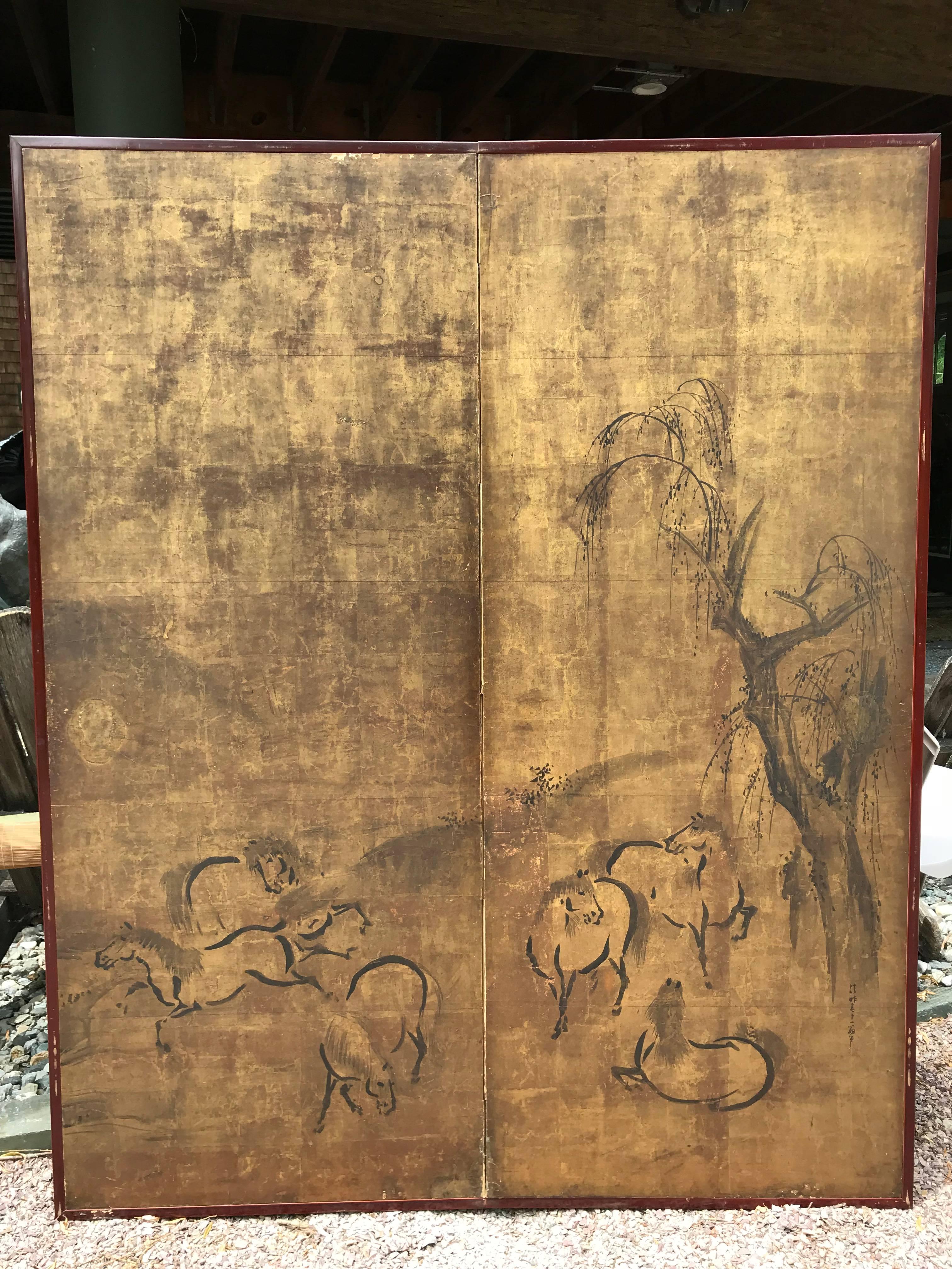 Japanese Antique Ancient Horses Two-Panel Gold Screen, Edo Period, 1800 9