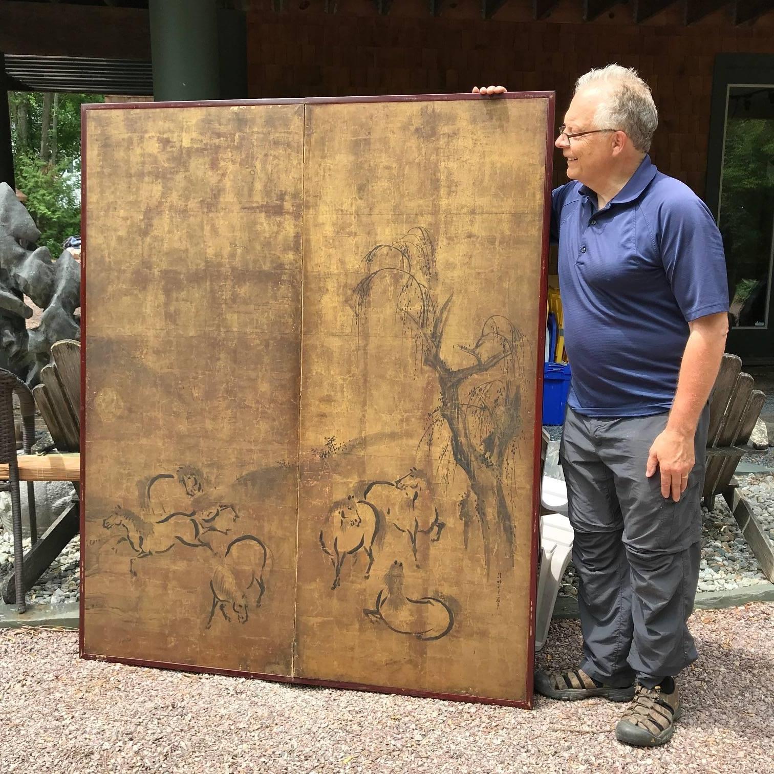 From our recent Japanese Acquisitions Travels.

Japan, an early two-panel gold screen byobu depicting ancient horses at play under a tree. This screen was created from a pair of antique fusuma sliding interior doors and dates to the Edo period,