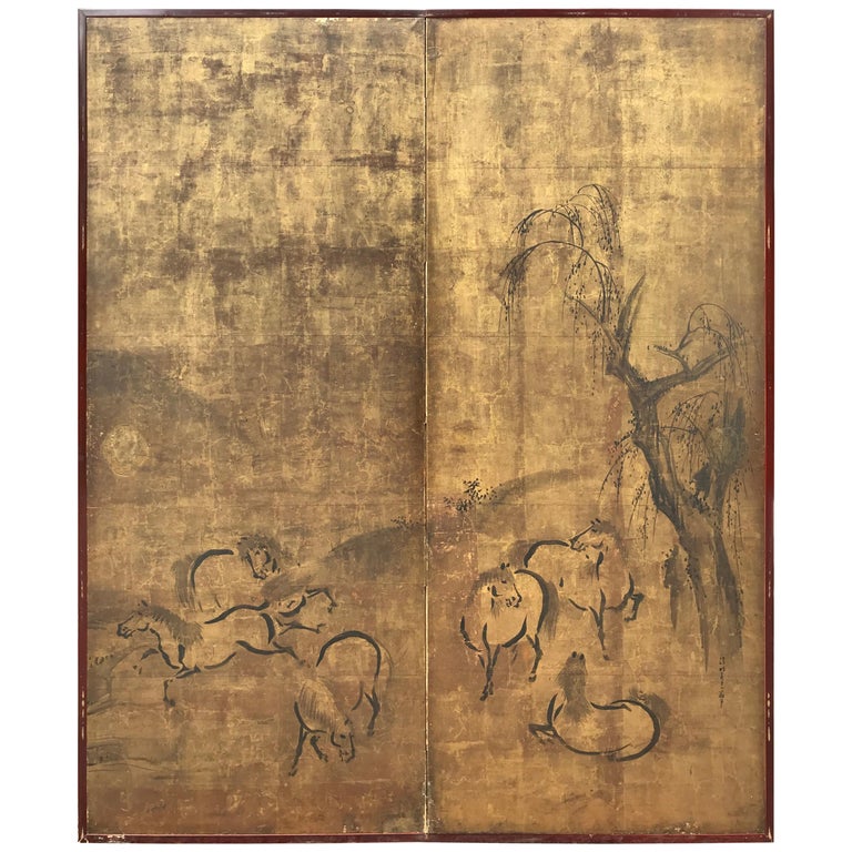 Japanese Antique Ancient Horses TwoPanel Gold Screen, Edo Period, 1800