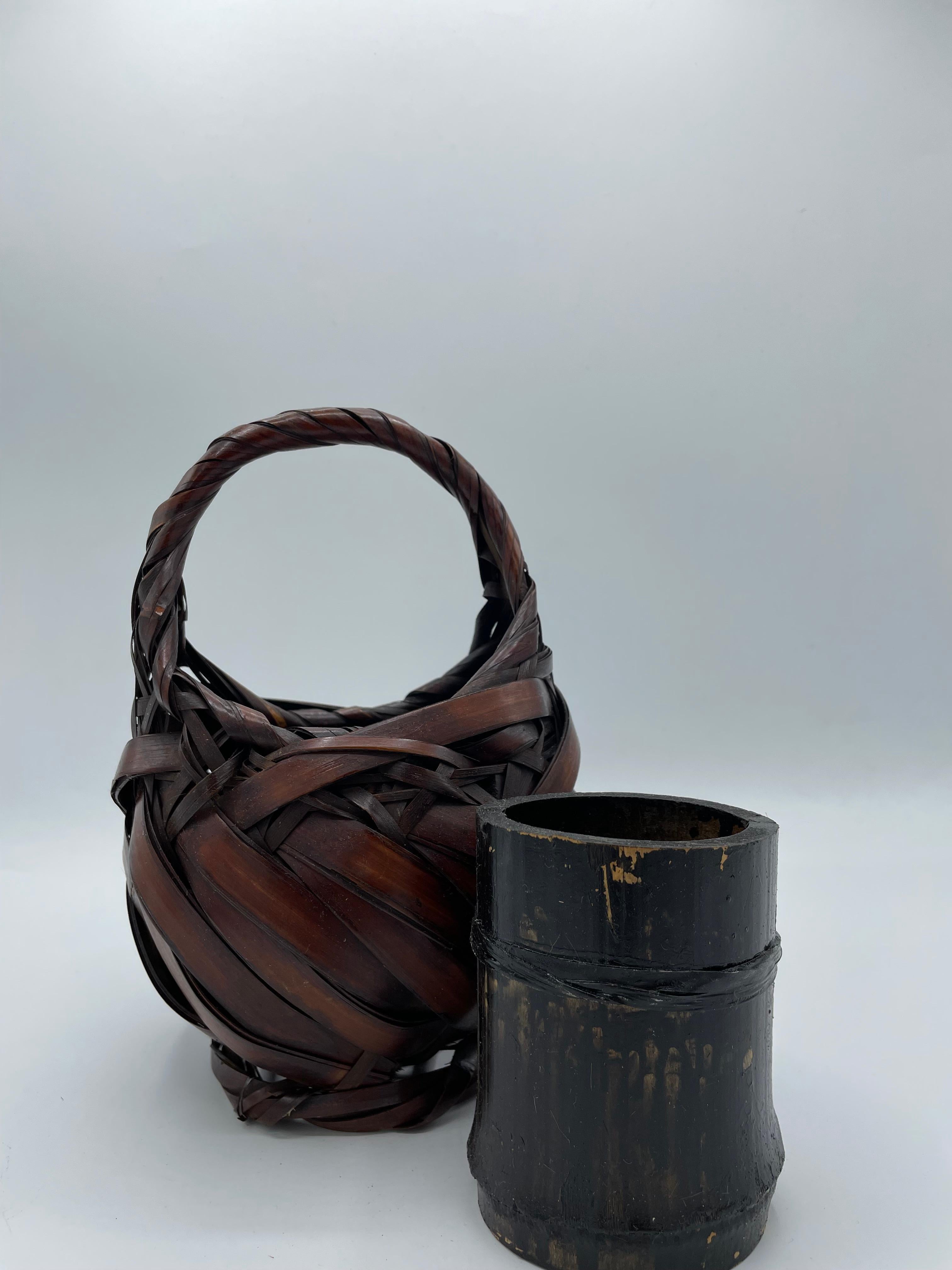 20th Century Japanese Antique Bamboo Brown Basket and Flower Vase 1920s