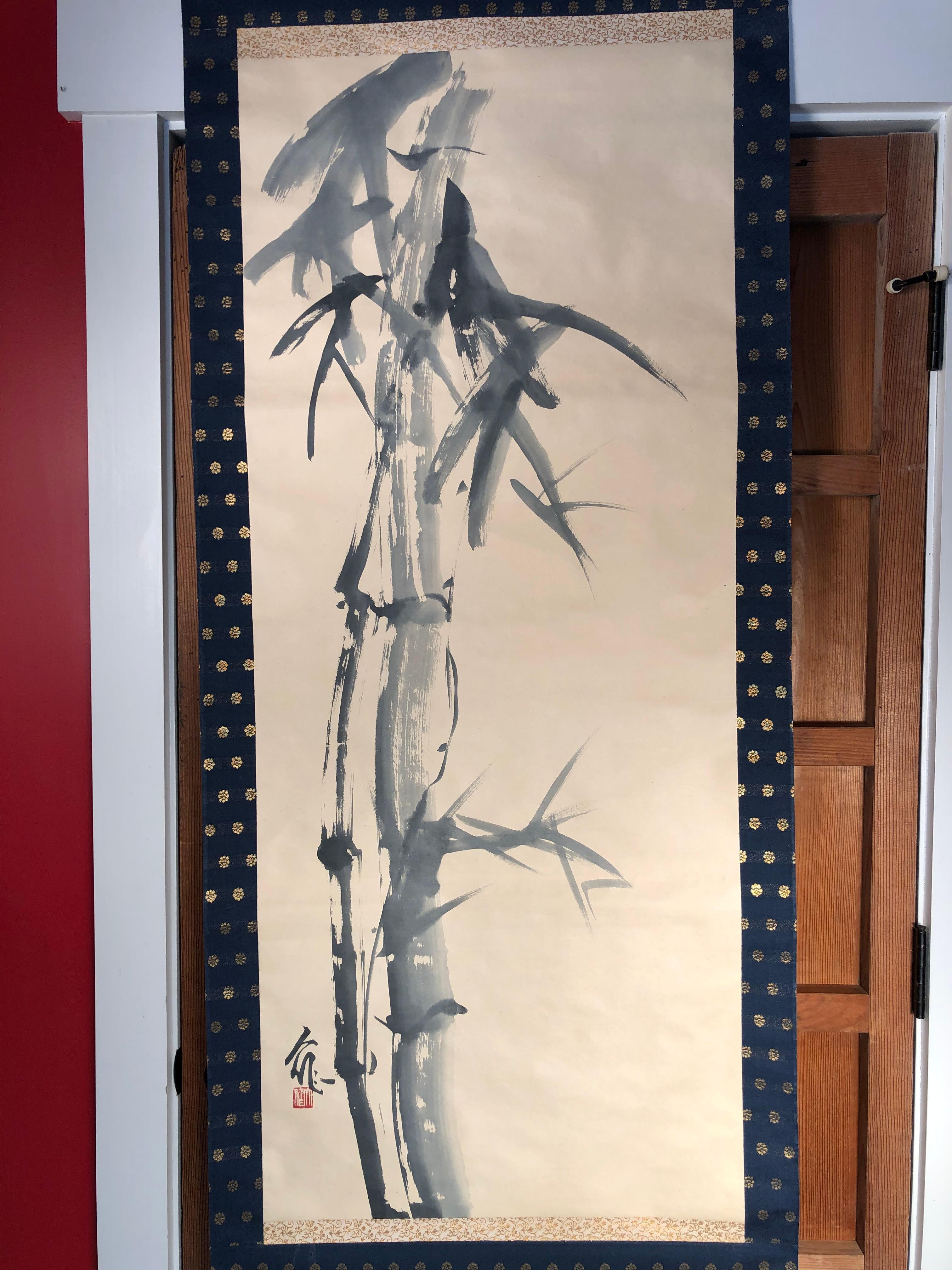 A gem from our recent Japanese Acquisitions Travels

A unique big and bold hand painted paper scroll of bamboo accompanied by its equally important 