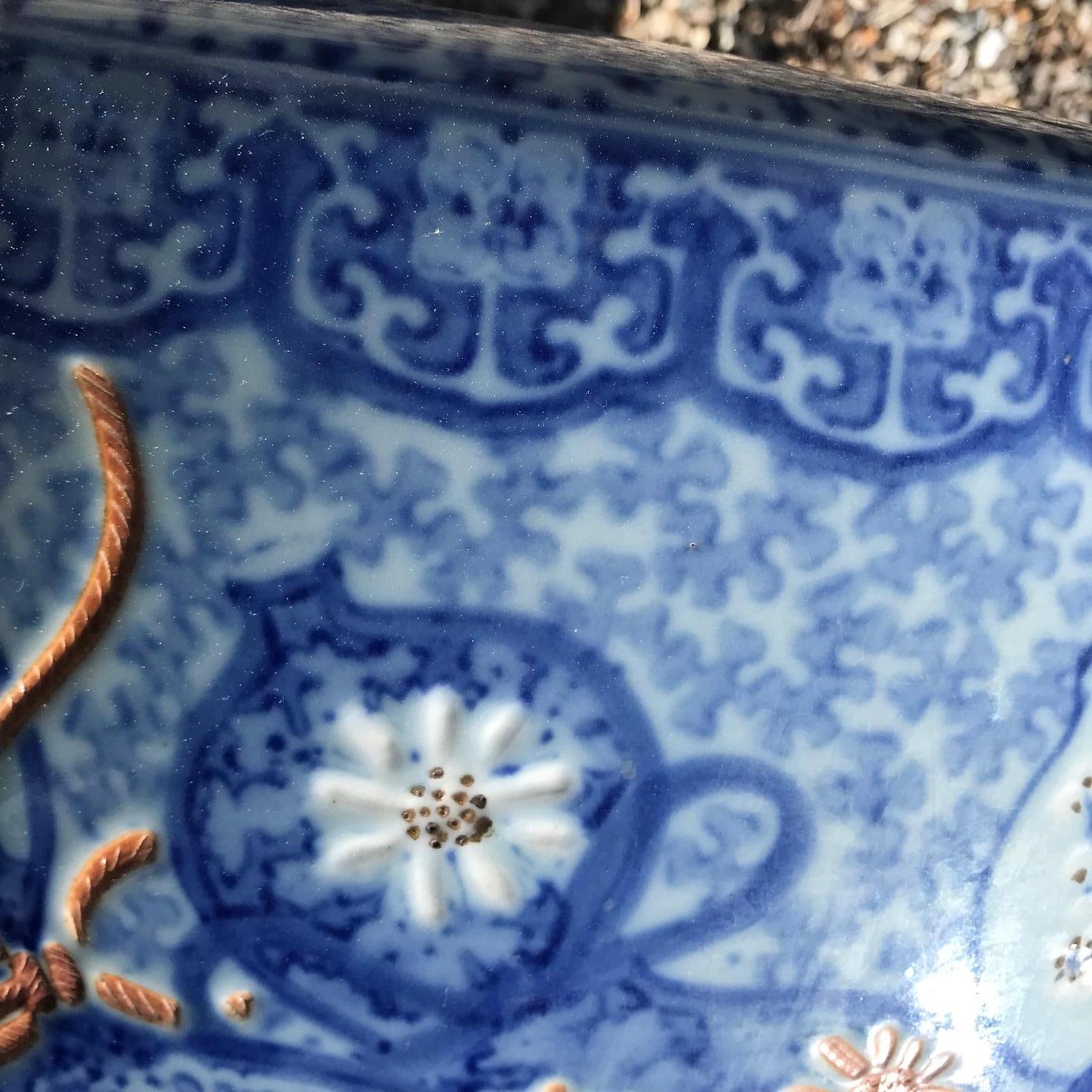 Japanese Antique Big Brilliant Blue Ceramic Planter Bowl 3