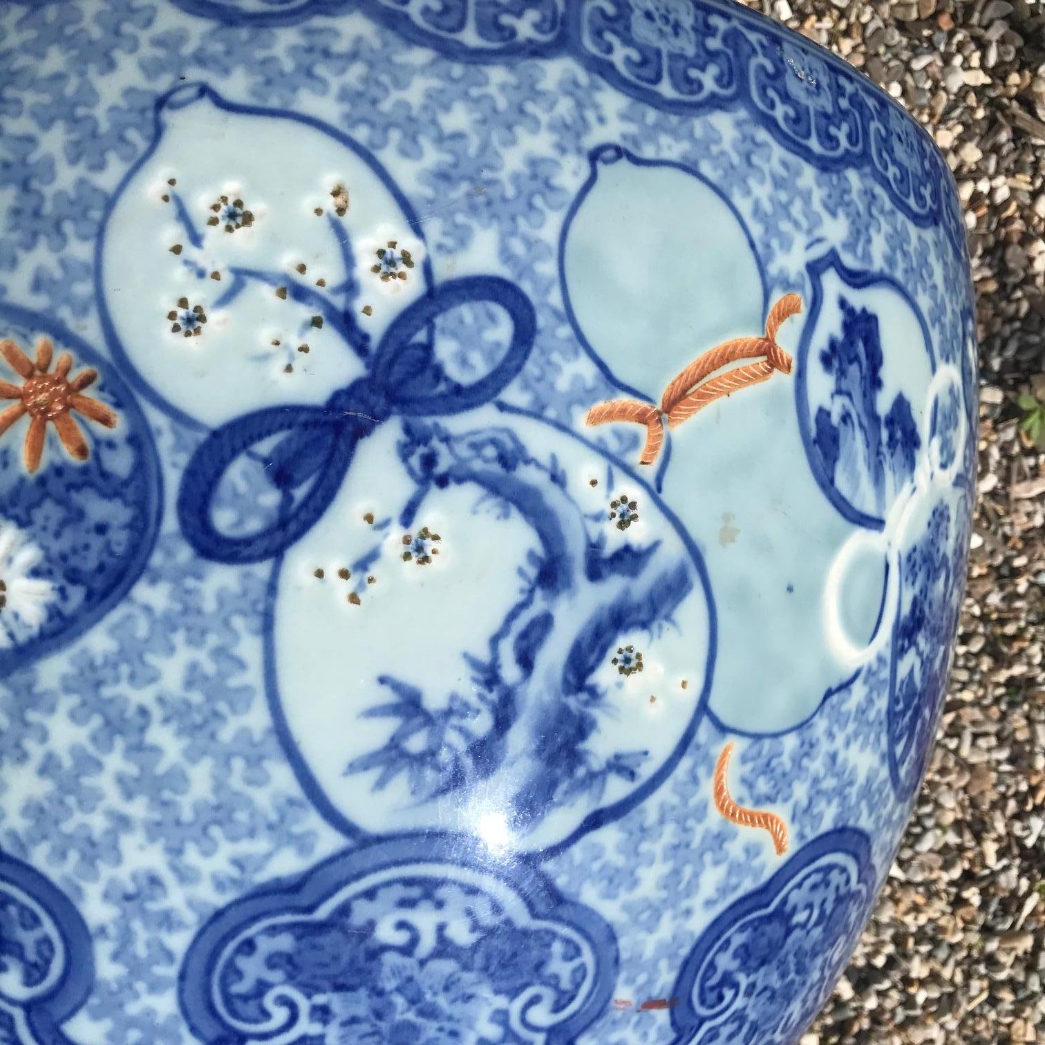 Japanese Antique Big Brilliant Blue Ceramic Planter Bowl 4
