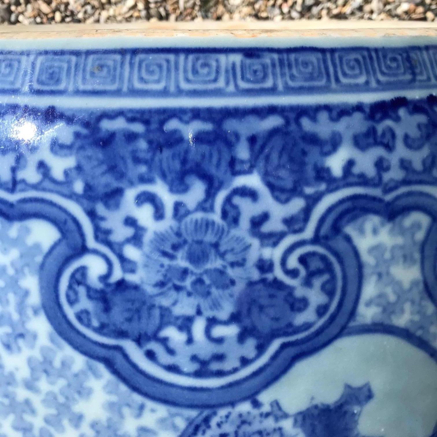 Japanese Antique Big Brilliant Blue Ceramic Planter Bowl 5