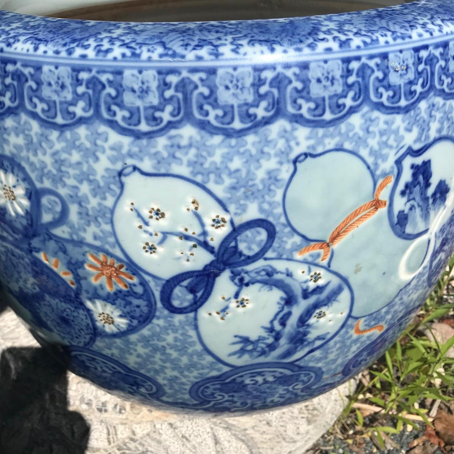 Meiji Japanese Antique Big Brilliant Blue Ceramic Planter Bowl