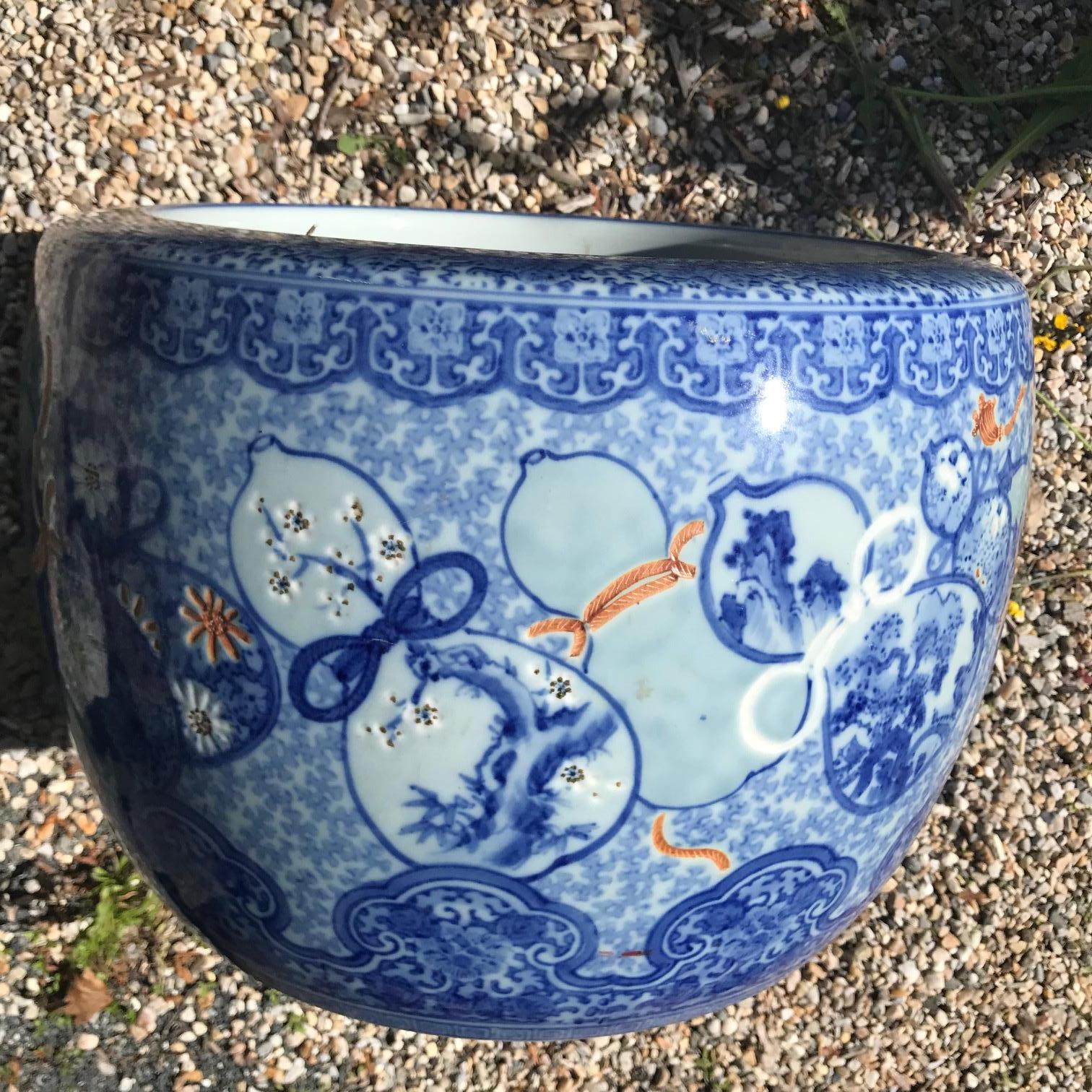 Hand-Crafted Japanese Antique Big Brilliant Blue Ceramic Planter Bowl