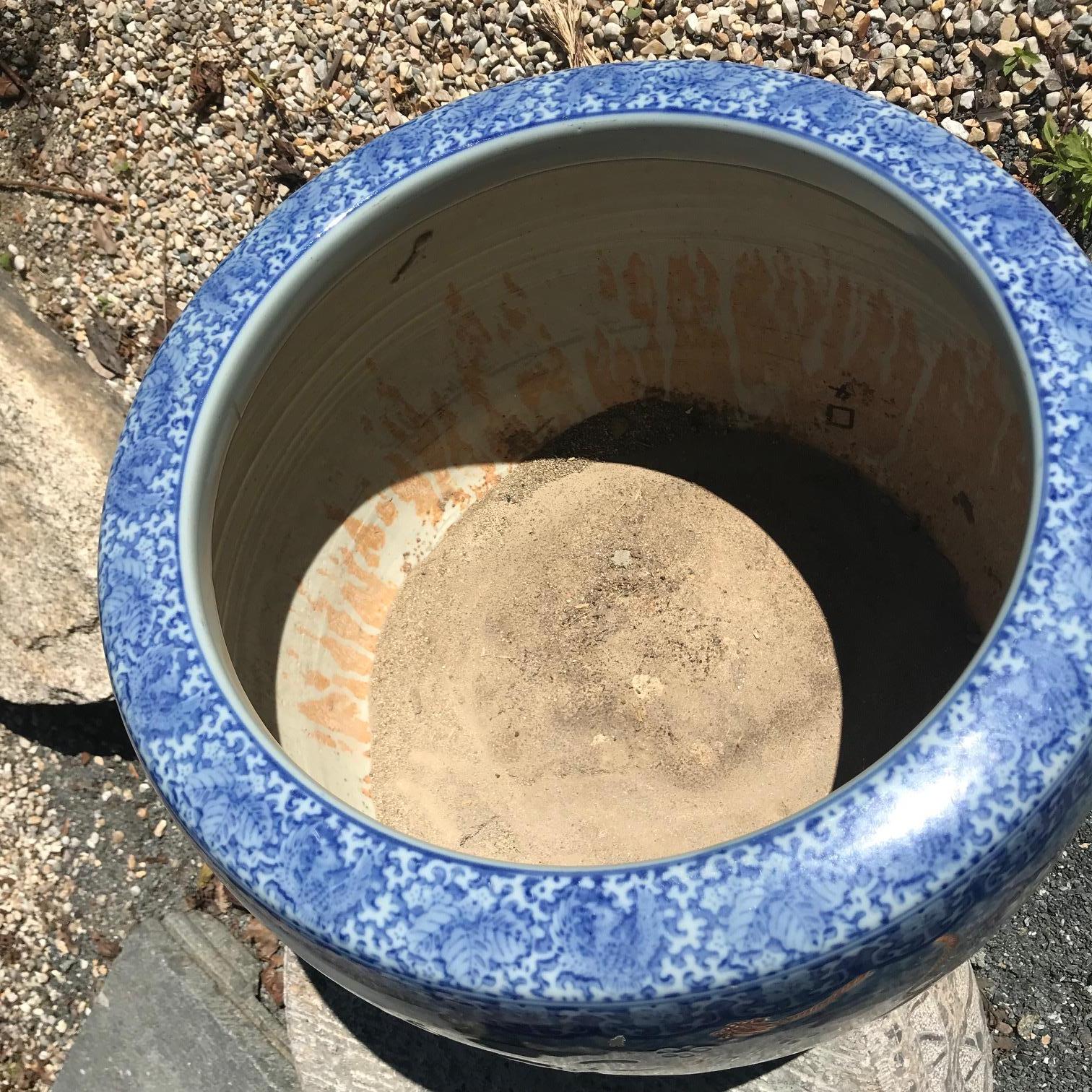 Japanese Antique Big Brilliant Blue Ceramic Planter Bowl In Good Condition In South Burlington, VT