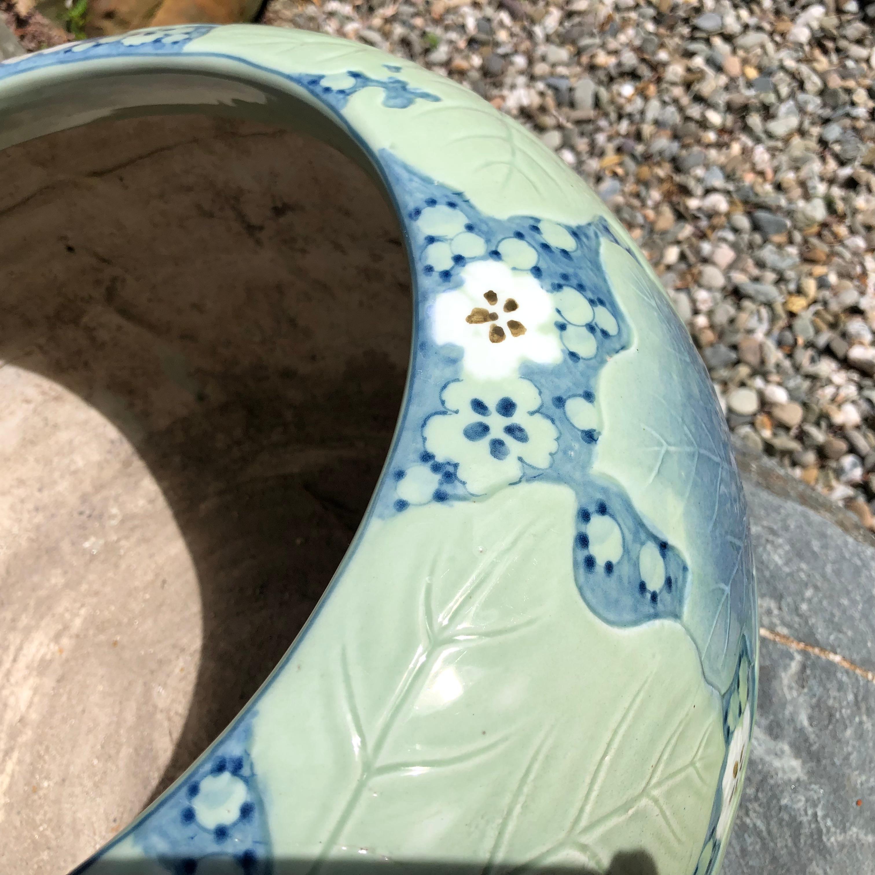 Meiji Japanese Antique Big Brilliant Blue Ceramic Planter Bowl