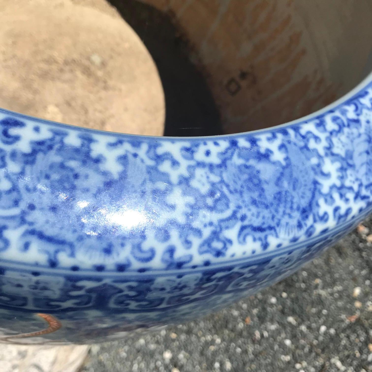 Early 20th Century Japanese Antique Big Brilliant Blue Ceramic Planter Bowl