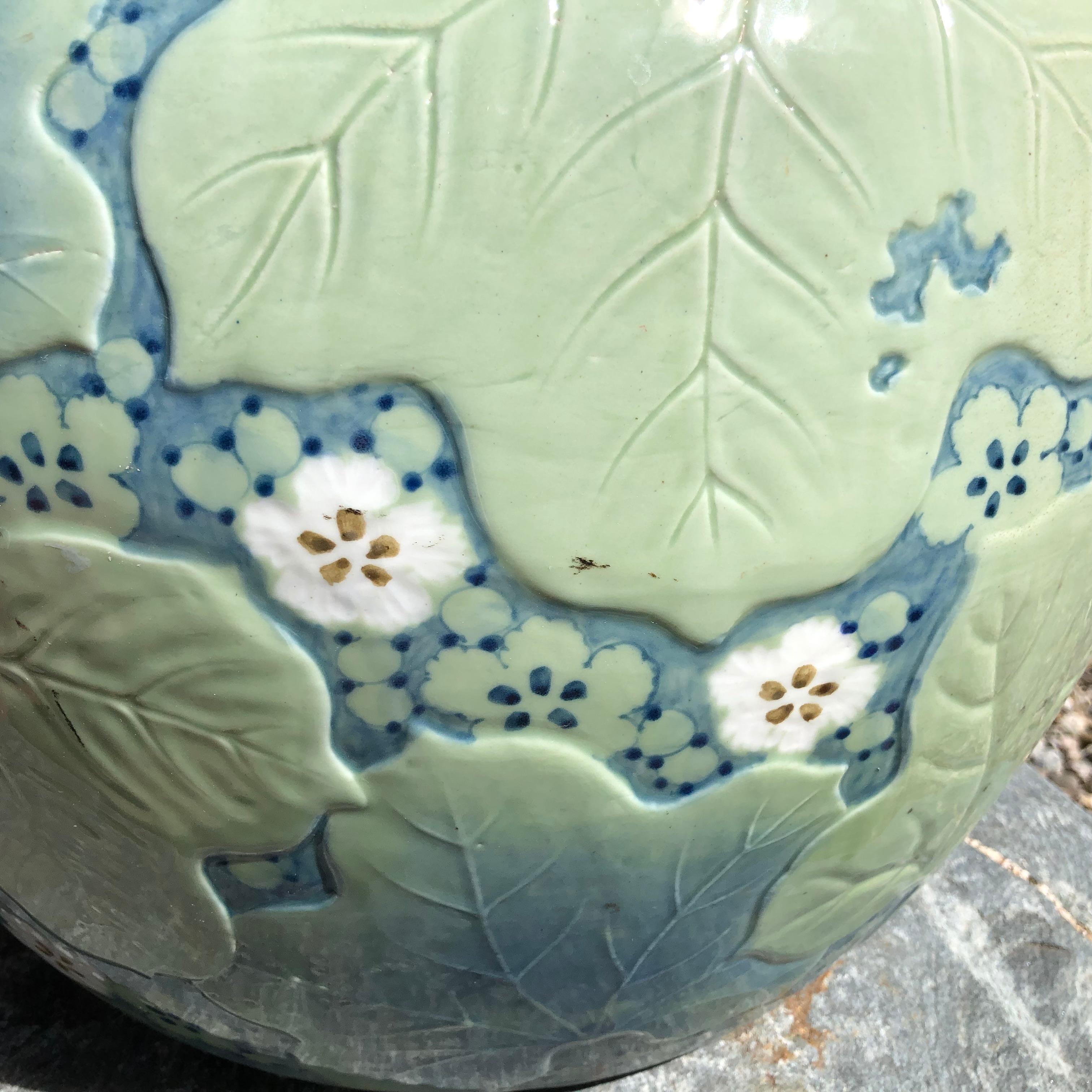 Glazed Japanese Antique Big Brilliant Blue Ceramic Planter Bowl