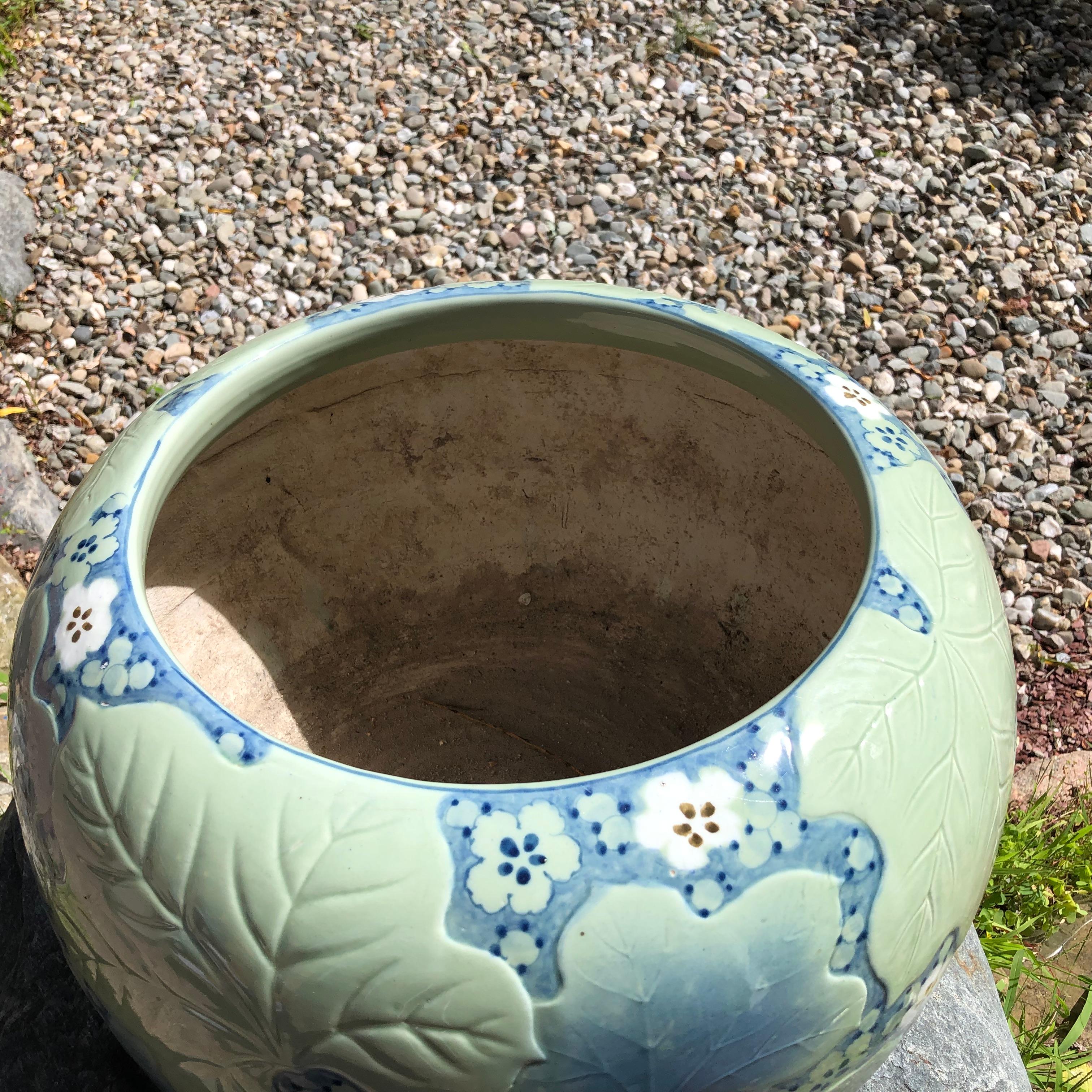 Japanese Antique Big Brilliant Blue Ceramic Planter Bowl In Good Condition In South Burlington, VT