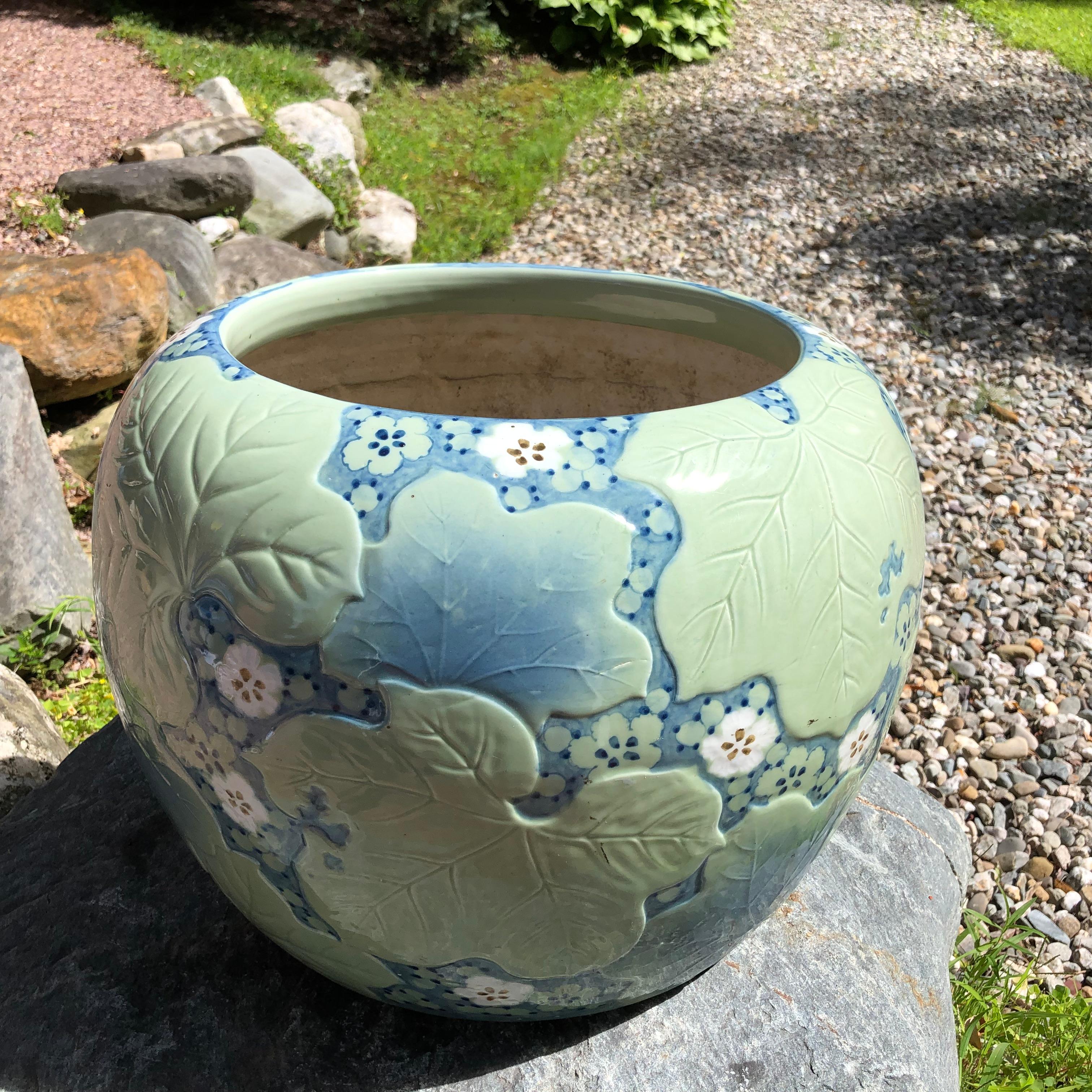 Early 20th Century Japanese Antique Big Brilliant Blue Ceramic Planter Bowl