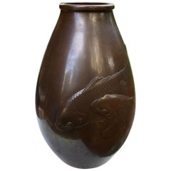 Japanese Antique Big "Double Giant Koi" Cast Bronze Vase, Signed and Boxed