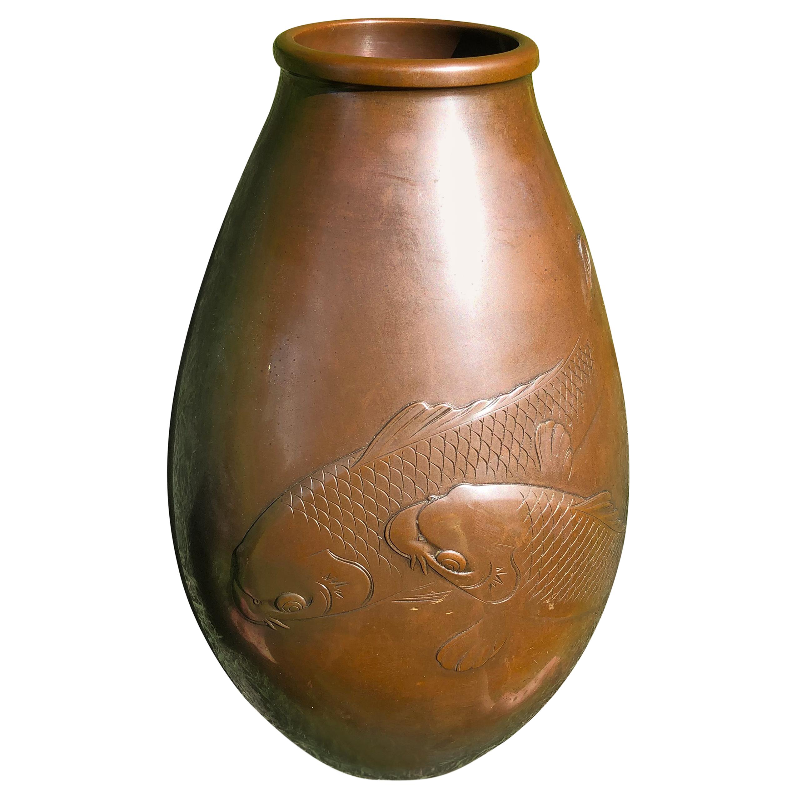 Japanese Big "Double Koi" Cast Bronze Vase, Signed and Boxed