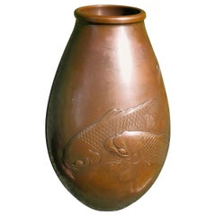 Antique Japanese Big "Double Koi" Cast Bronze Vase, Signed and Boxed