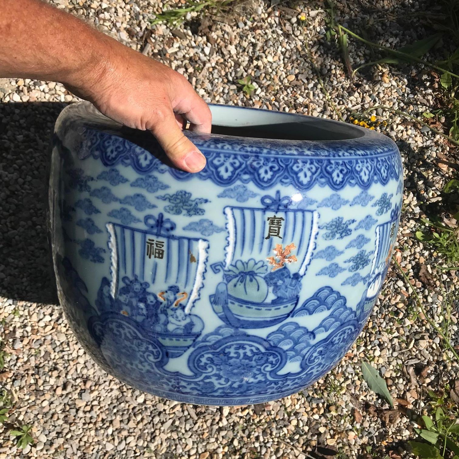 Glistening antique blue glazed ceramic form planter or bowl, formerly a hibachi from old Japan dating 1890-1900. 

A rare find especially with this Sail Boats motif.

Auspicious symbols are revealed in under glaze cream and blue colors. 

Fine