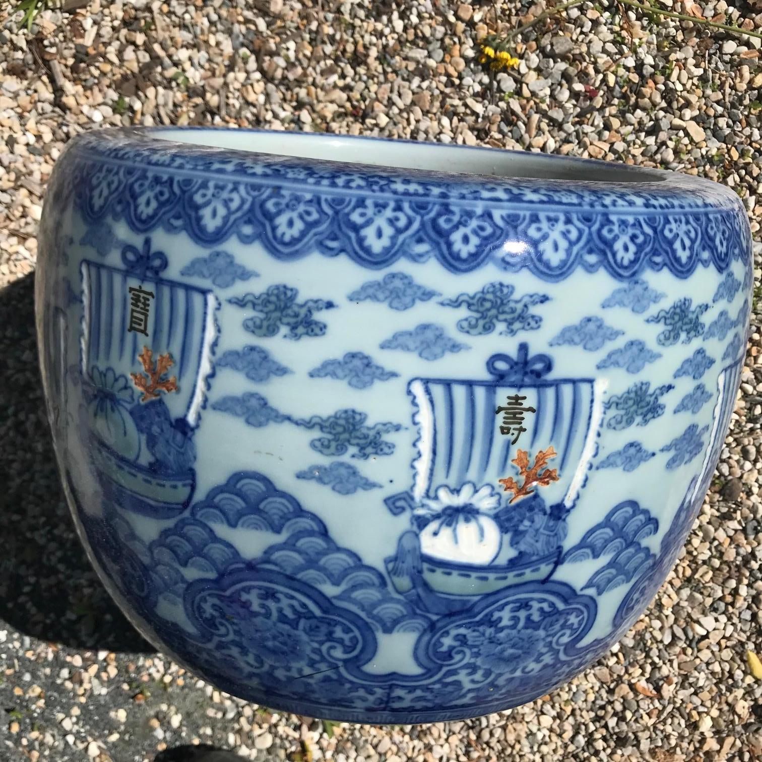 20th Century Japanese Antique Big Sail Boats Brilliant Blue Ceramic Planter Bowl