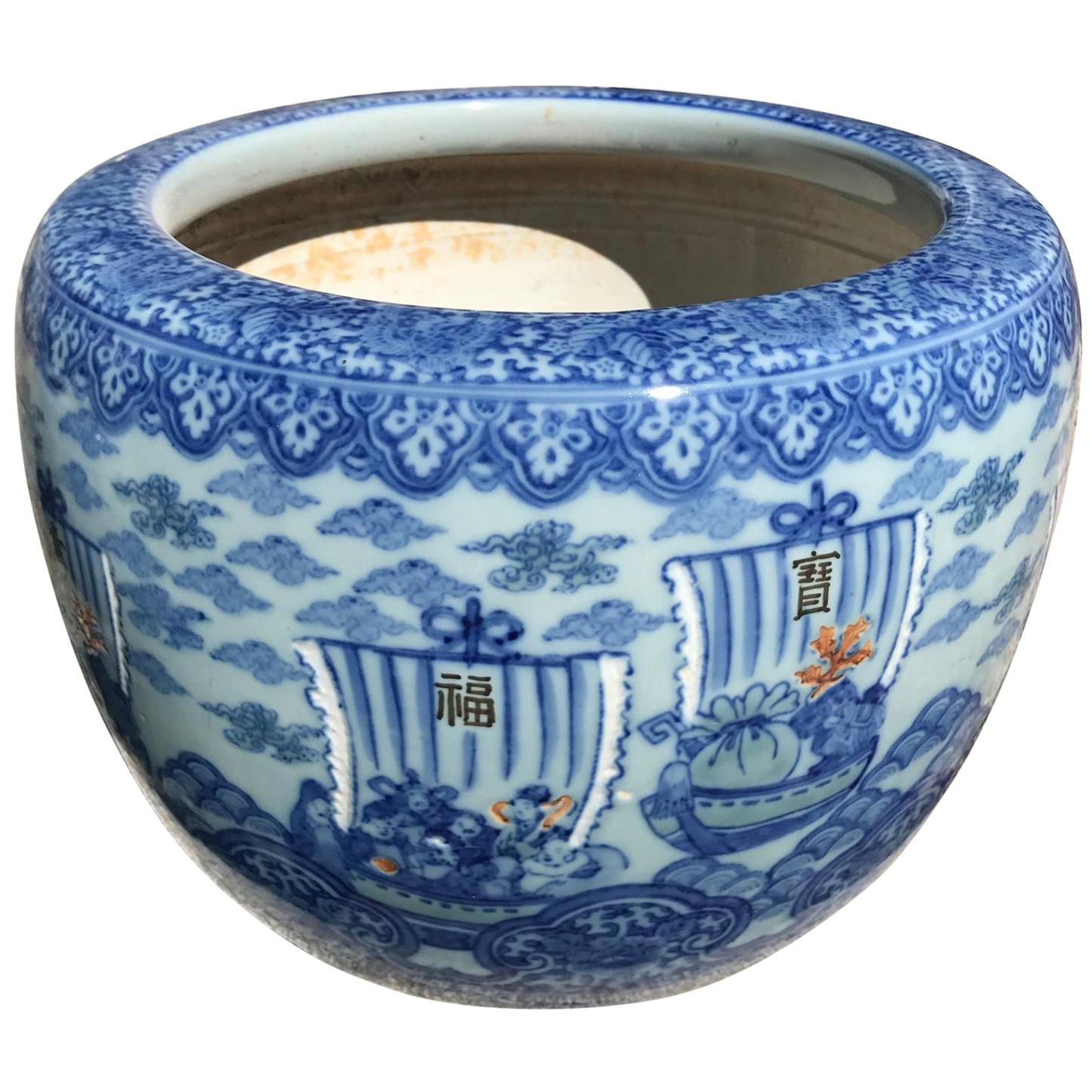 Japanese Antique Big Sail Boats Brilliant Blue Ceramic Planter Bowl