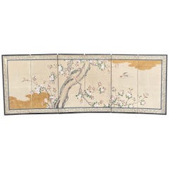 Japanese Antique Bird of Paradise and Pink Blossoms Hand Painted Small Screen