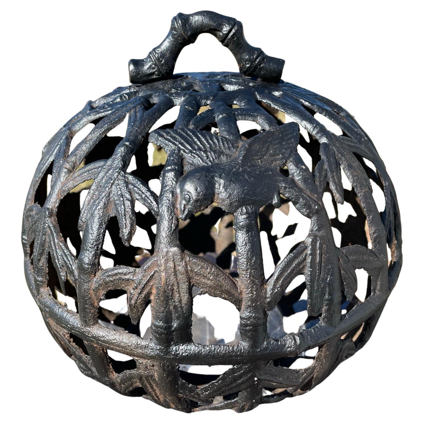 Japanese Antique Birds and Bamboo Orb Garden Lantern + Antique Chain