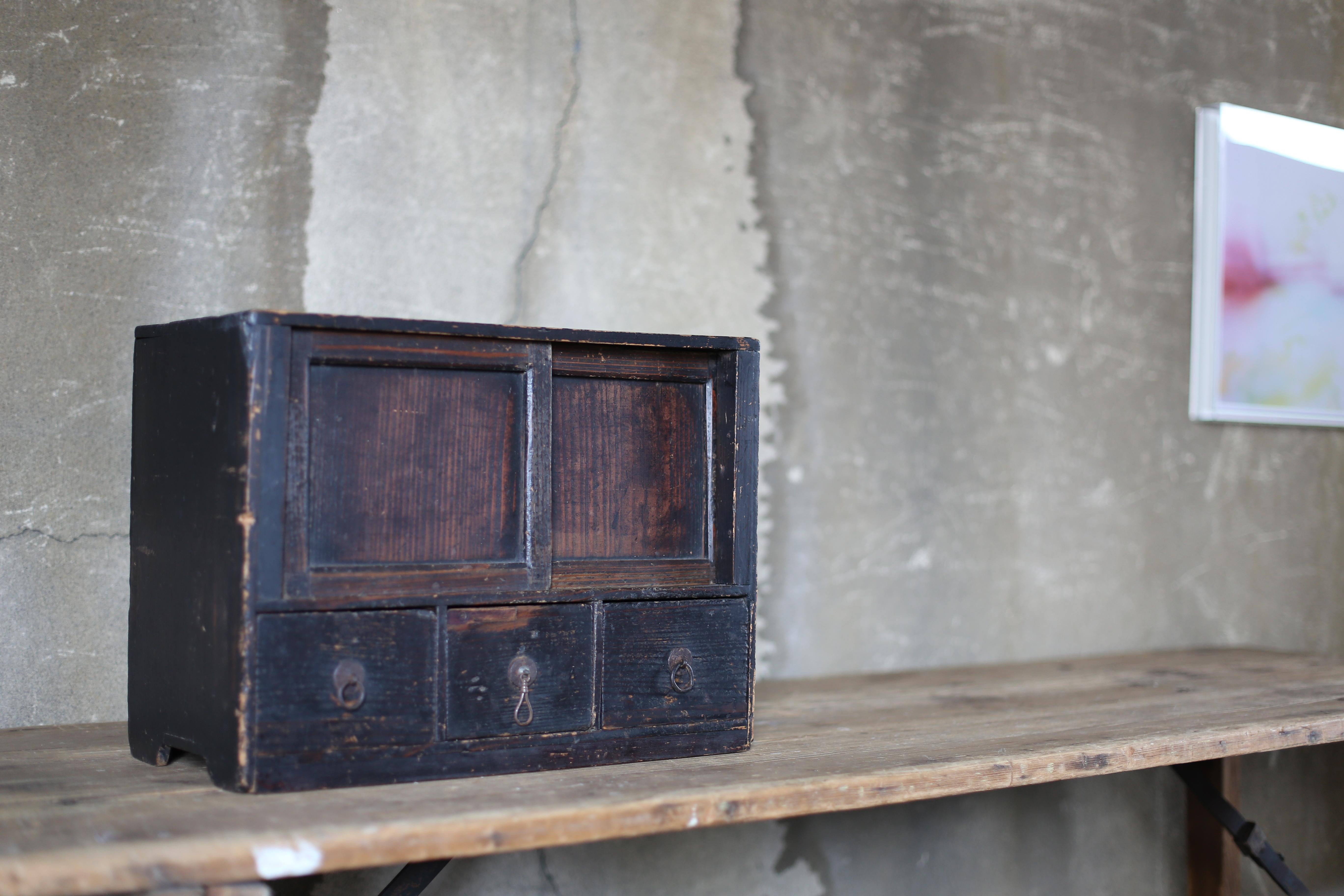 Edo Japanese Antique Black Chests of Drawers, 1800s-1860s / with Sliding Door For Sale