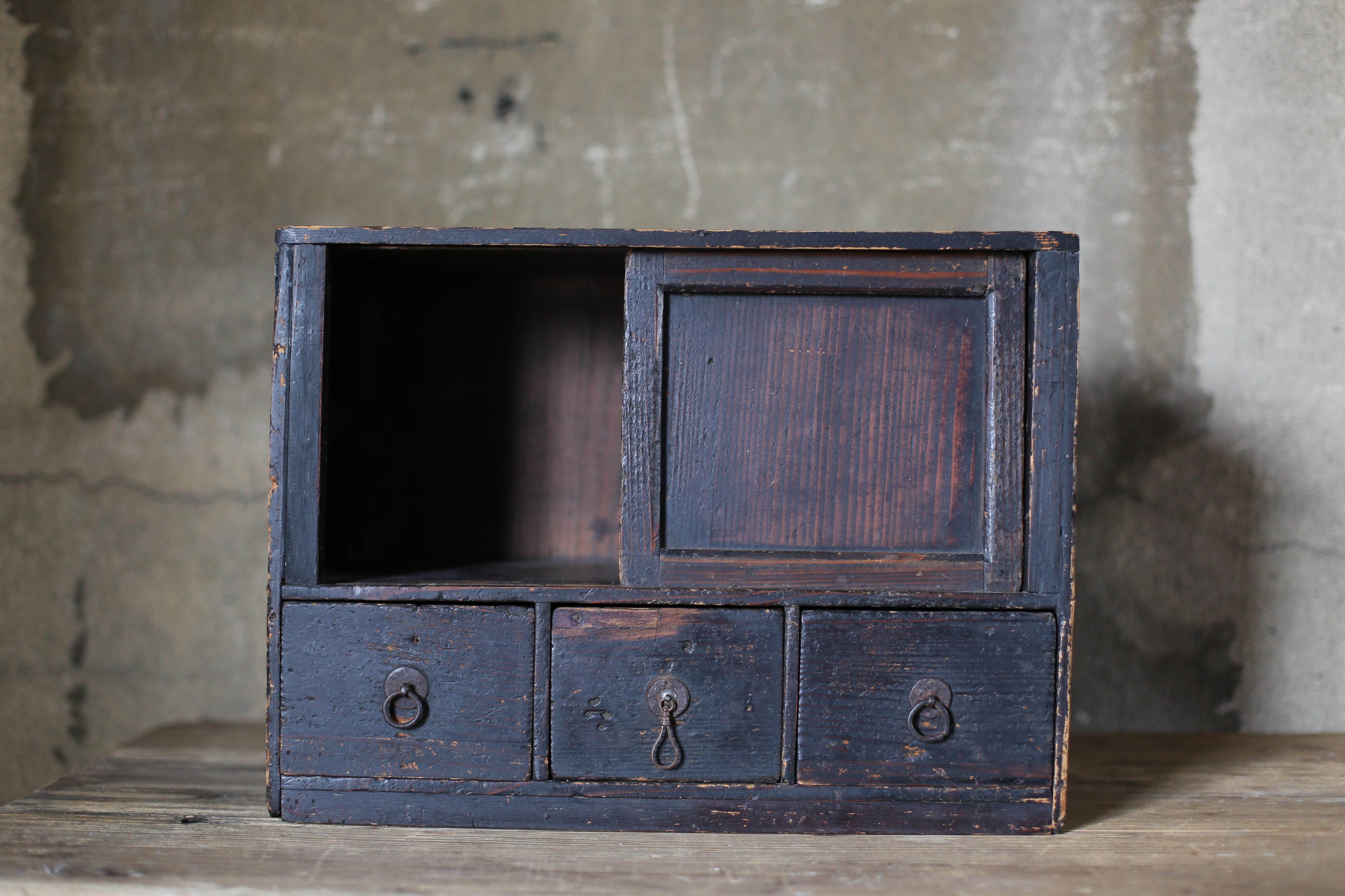 19th Century Japanese Antique Black Chests of Drawers, 1800s-1860s / with Sliding Door For Sale