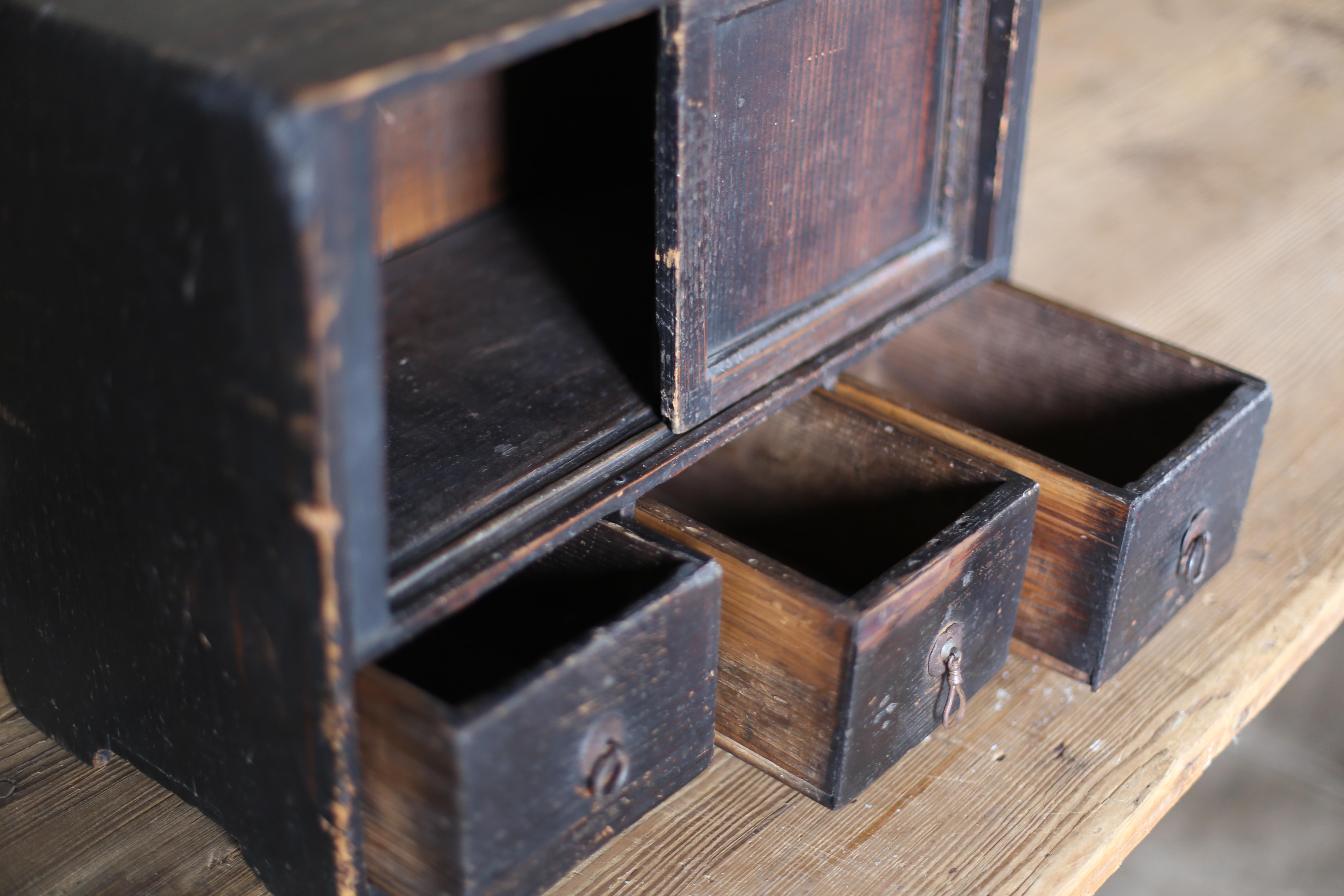 Cedar Japanese Antique Black Chests of Drawers, 1800s-1860s / with Sliding Door For Sale