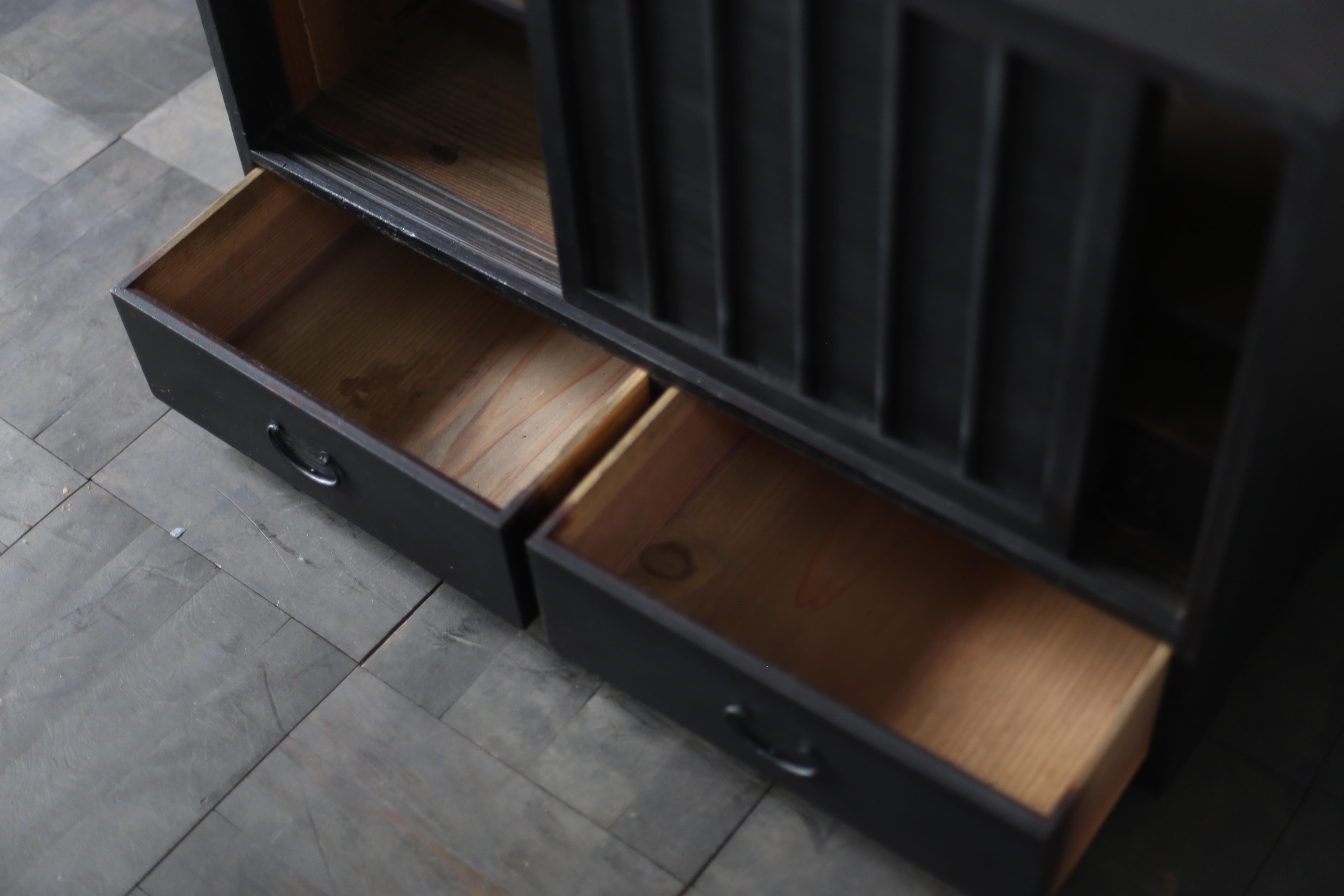 Cedar Japanese Antique Black Drawer 1860s-1900s / Tansu Storage Wabisabi