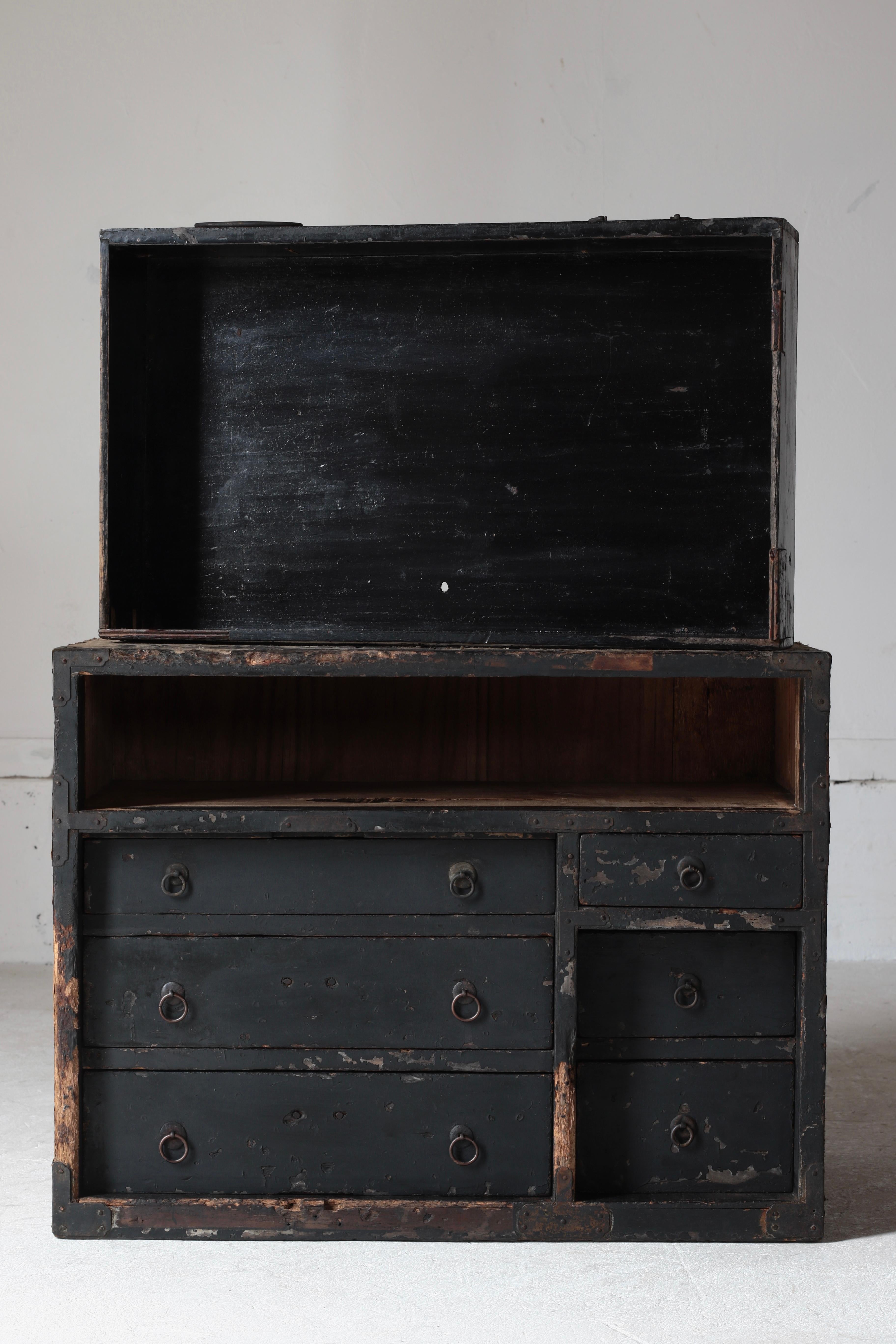 Cajón Negro Antiguo Japonés Con Papel Pegado/ Almacenamiento/ 1868-1912s/ Wabi-sabi 7