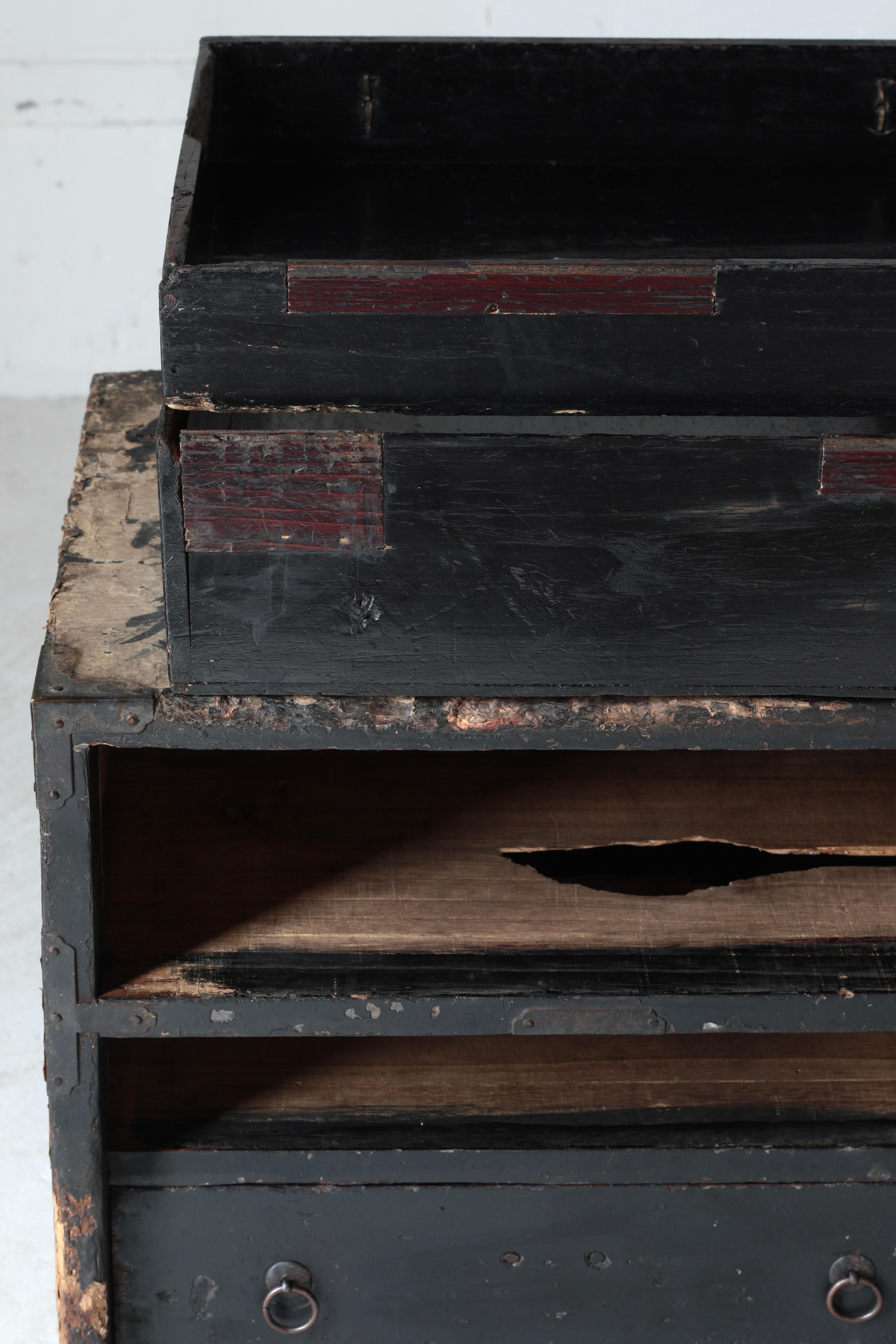 Cajón Negro Antiguo Japonés Con Papel Pegado/ Almacenamiento/ 1868-1912s/ Wabi-sabi 8